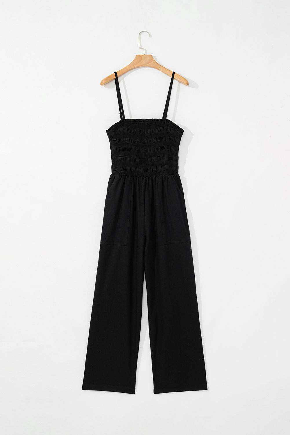Black Spaghetti Straps Shirred Bodice Pocketed Wide Leg Jumpsuit - loveforevers