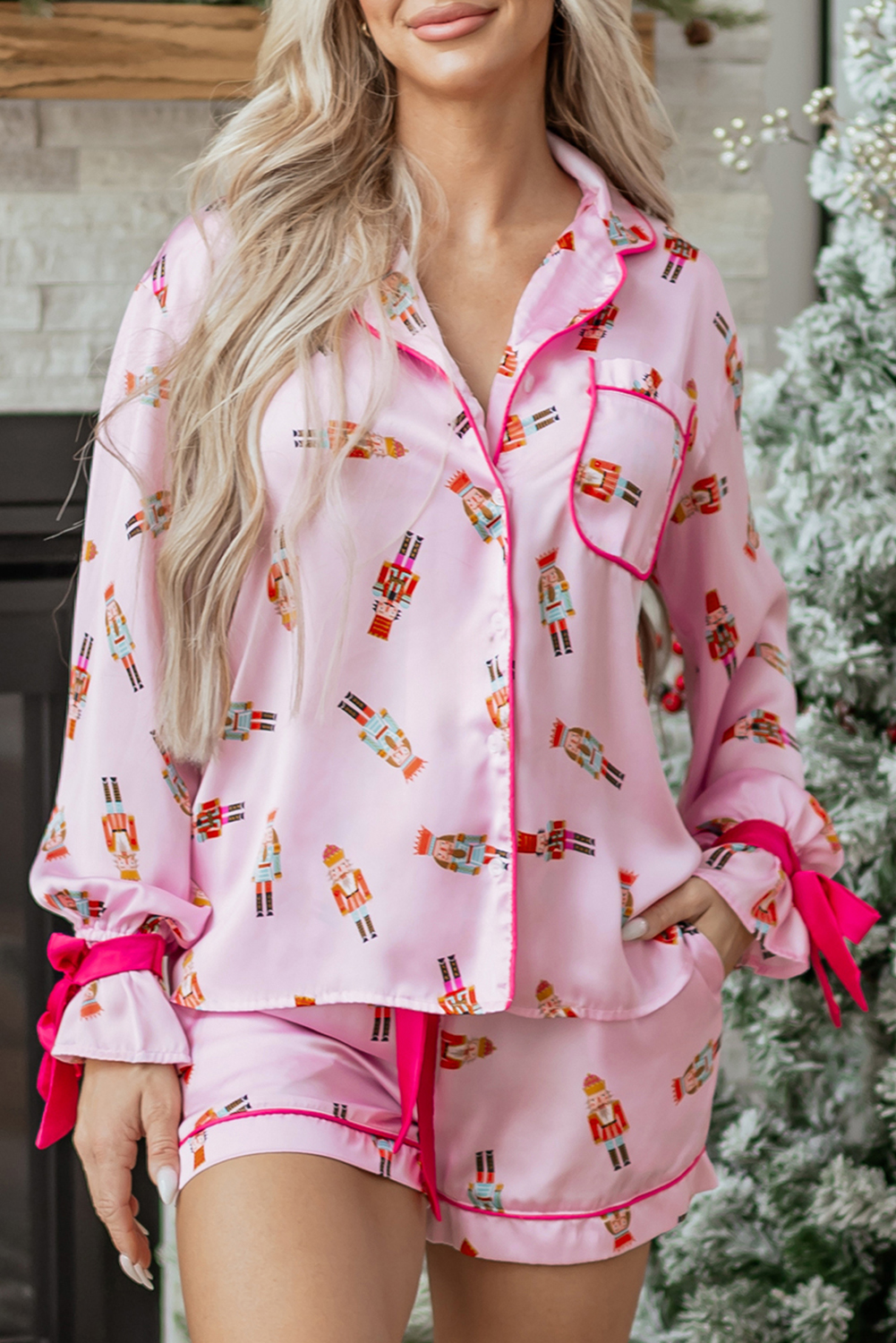 Pink Nutcracker Print Contrast Trim Tied up Bow Silky 2pcs Pajama Set - loveforevers