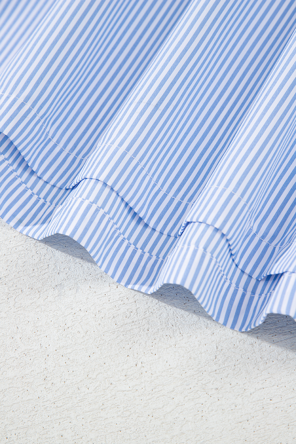 Sky Blue Stripe Ruffled Collar Puff Sleeve Half Buttons Blouse - loveforevers