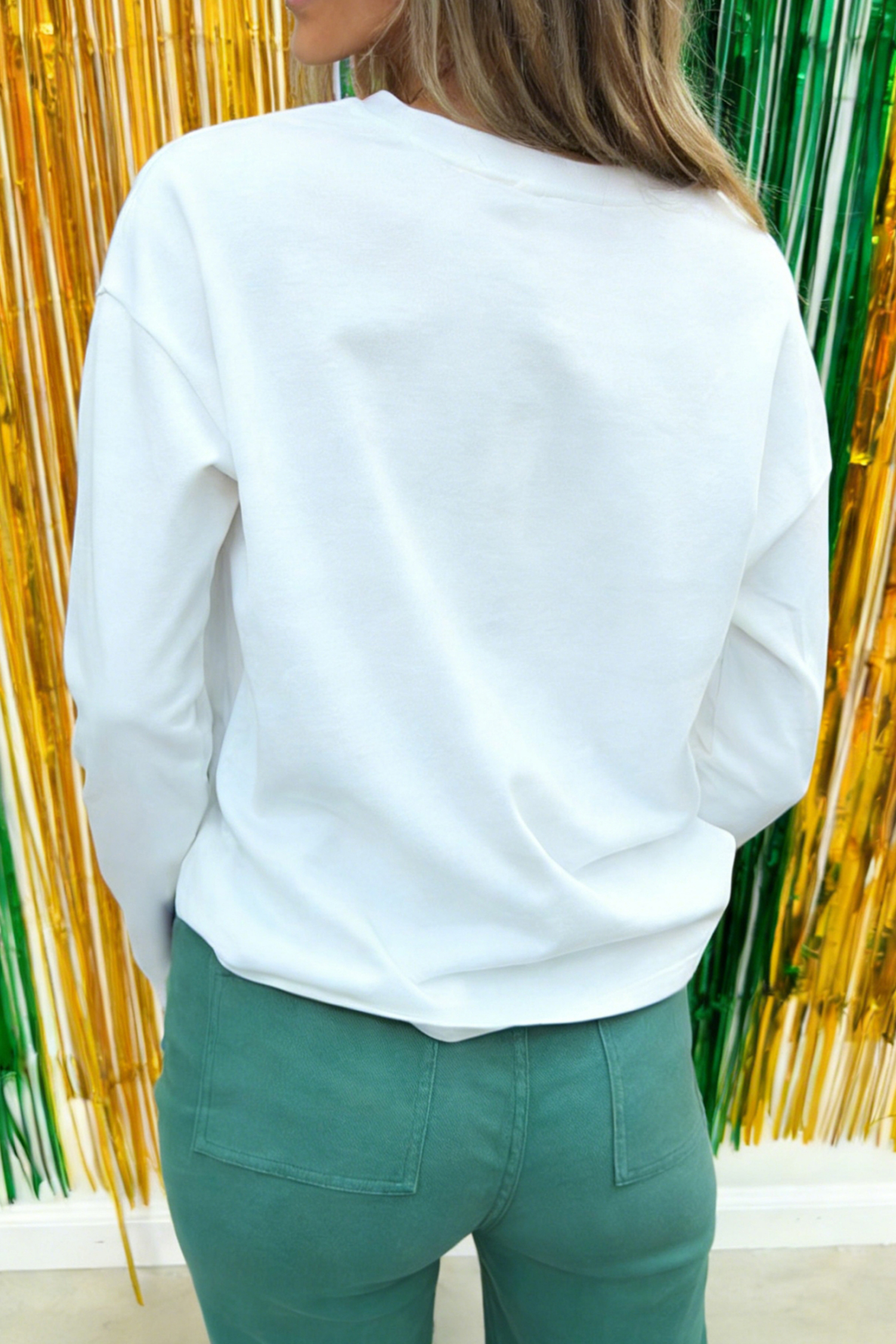 White LUCKY Clover Embroidered Long Sleeve Top - loveforevers