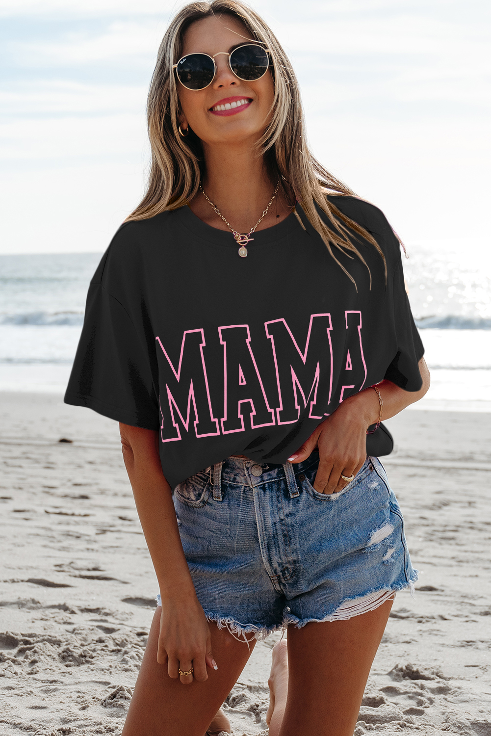 Black MAMA Letter Graphic Neon T Shirt - loveforevers