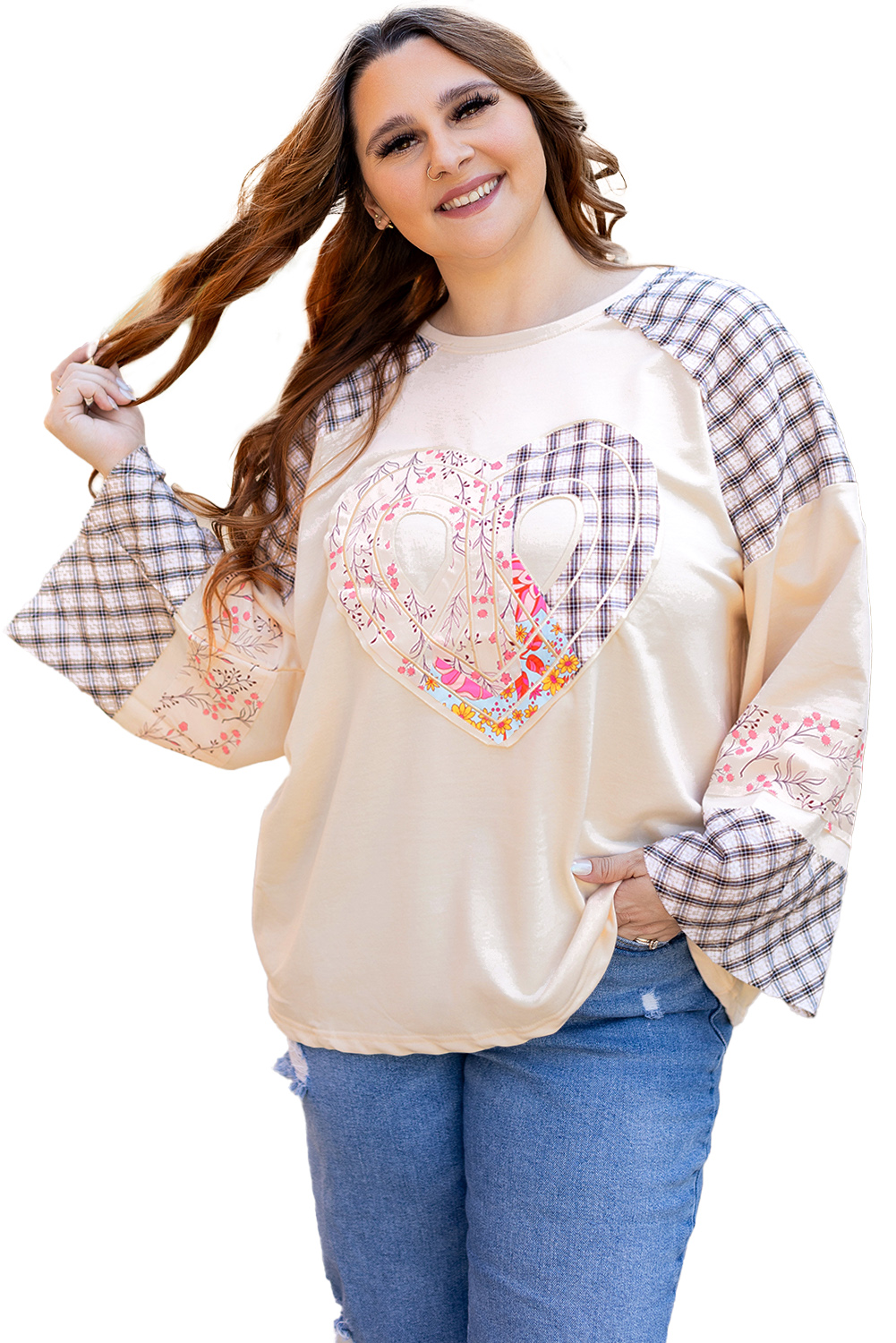 Beige Flower Patch Graphic Exposed Seam Wide Sleeve Top - loveforevers
