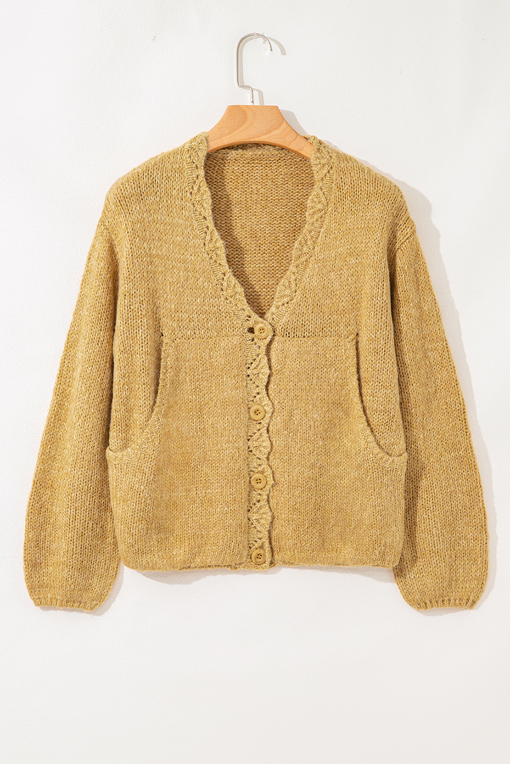 Light French Beige Lantern Sleeve Scallop V Neck Buttoned Front Cardigan - loveforevers