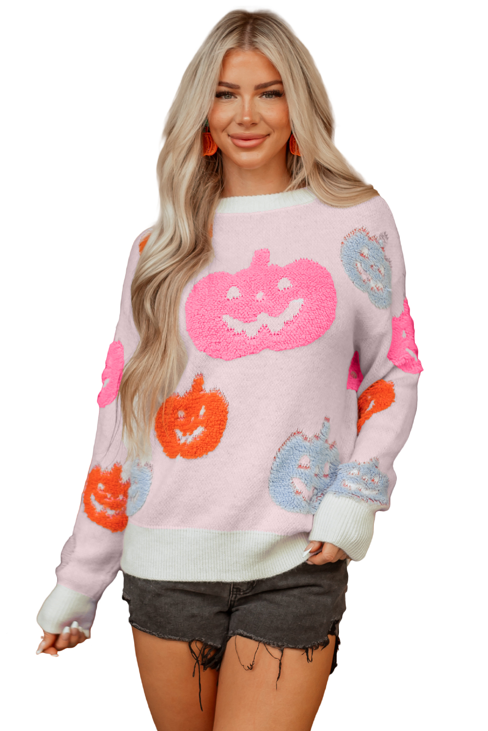 Beige Halloween Cute Pumpkin Pattern Sweater - loveforevers
