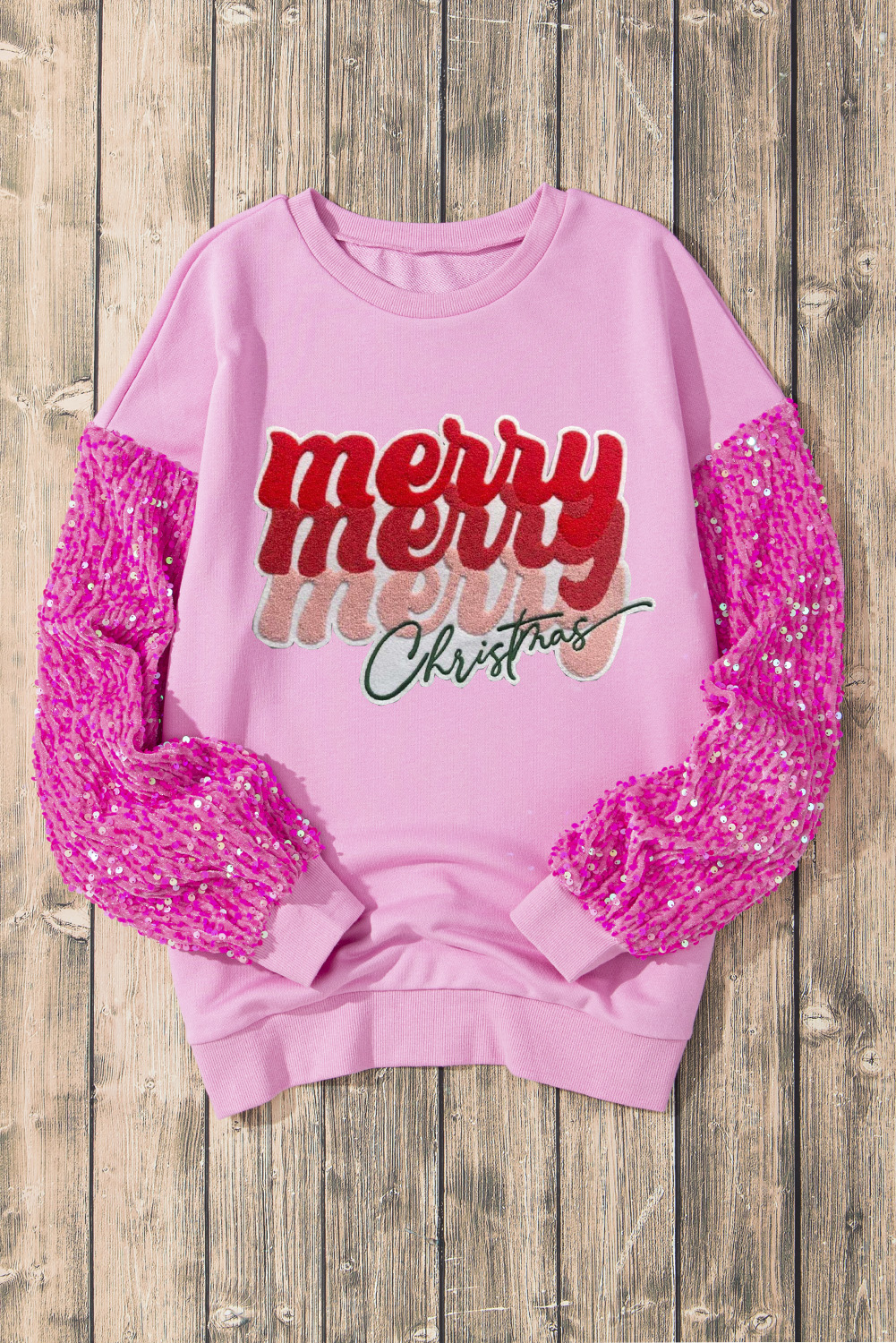Pink Shiny Father Christmas Graphic Sequin Long Sleeve Top - loveforevers
