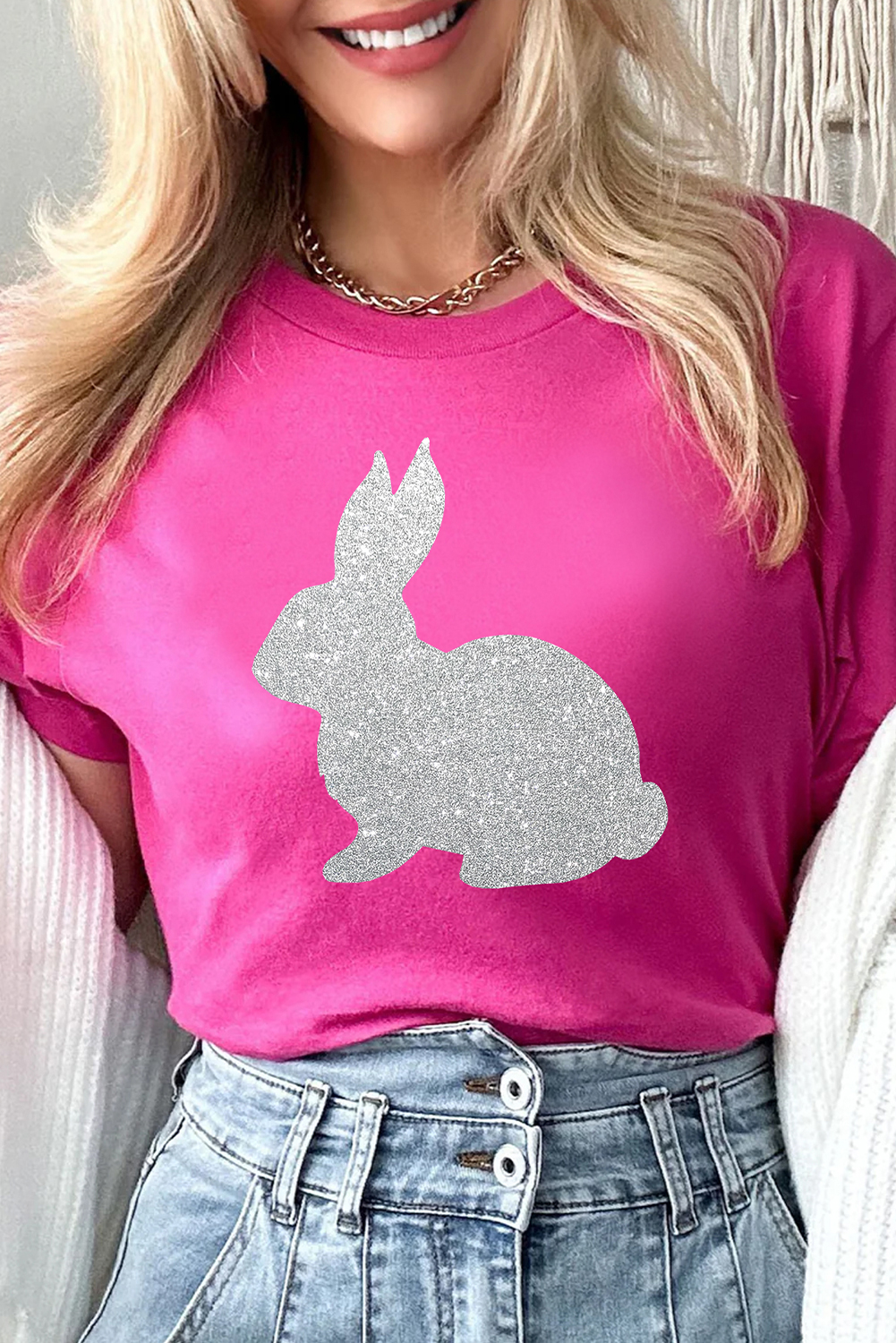 Rose Red Glitter Easter Bunny Graphic Crew Neck Tee - loveforevers