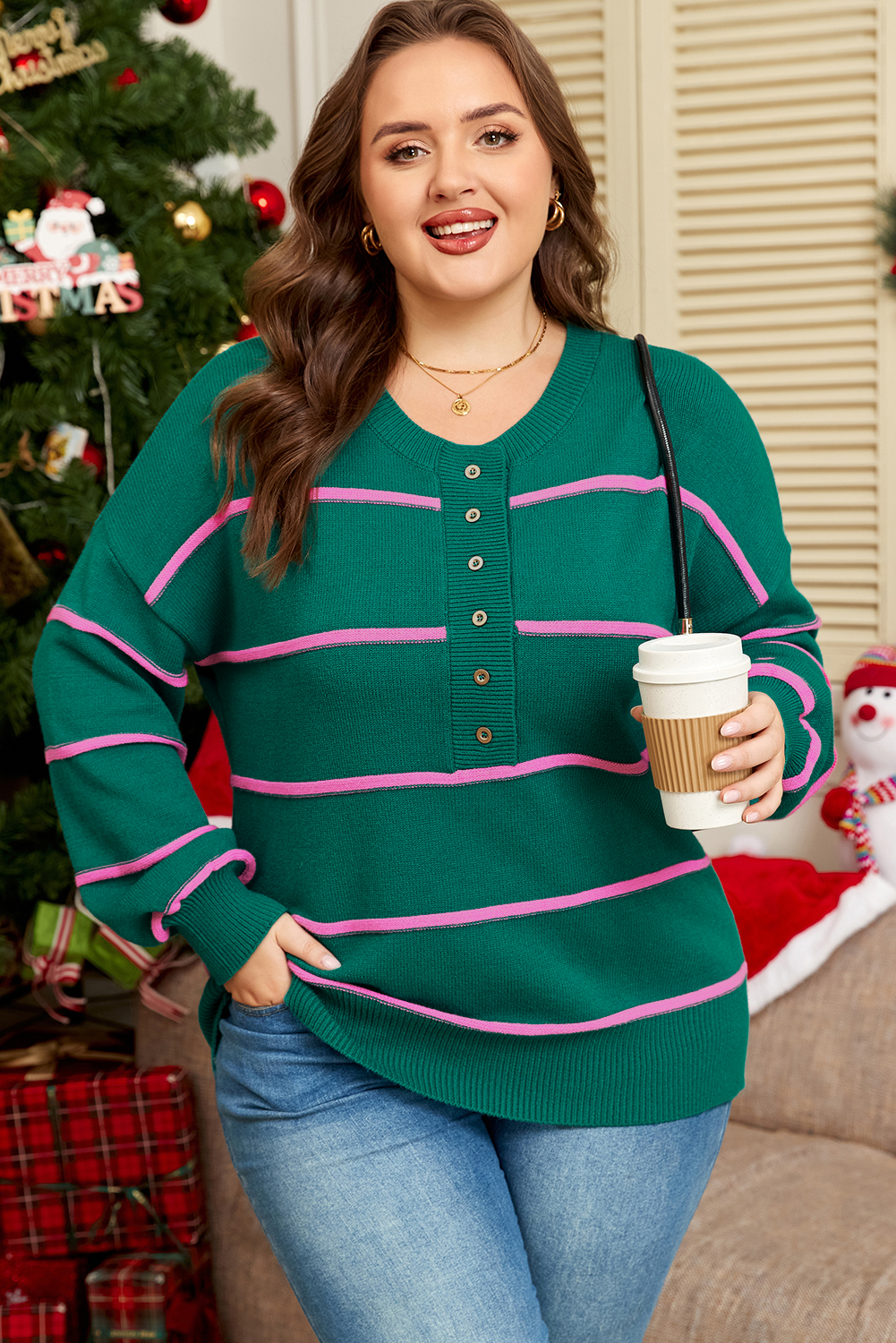 Green Stripe Half Buttons Drop Shoulder Plus Size Sweater - loveforevers