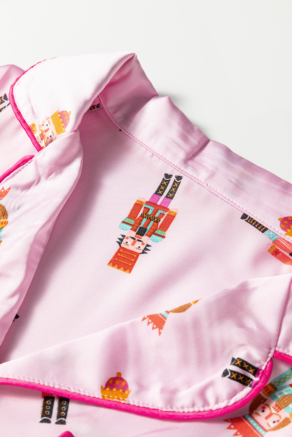 Pink Nutcracker Print Contrast Trim Tied up Bow Silky 2pcs Pajama Set - loveforevers