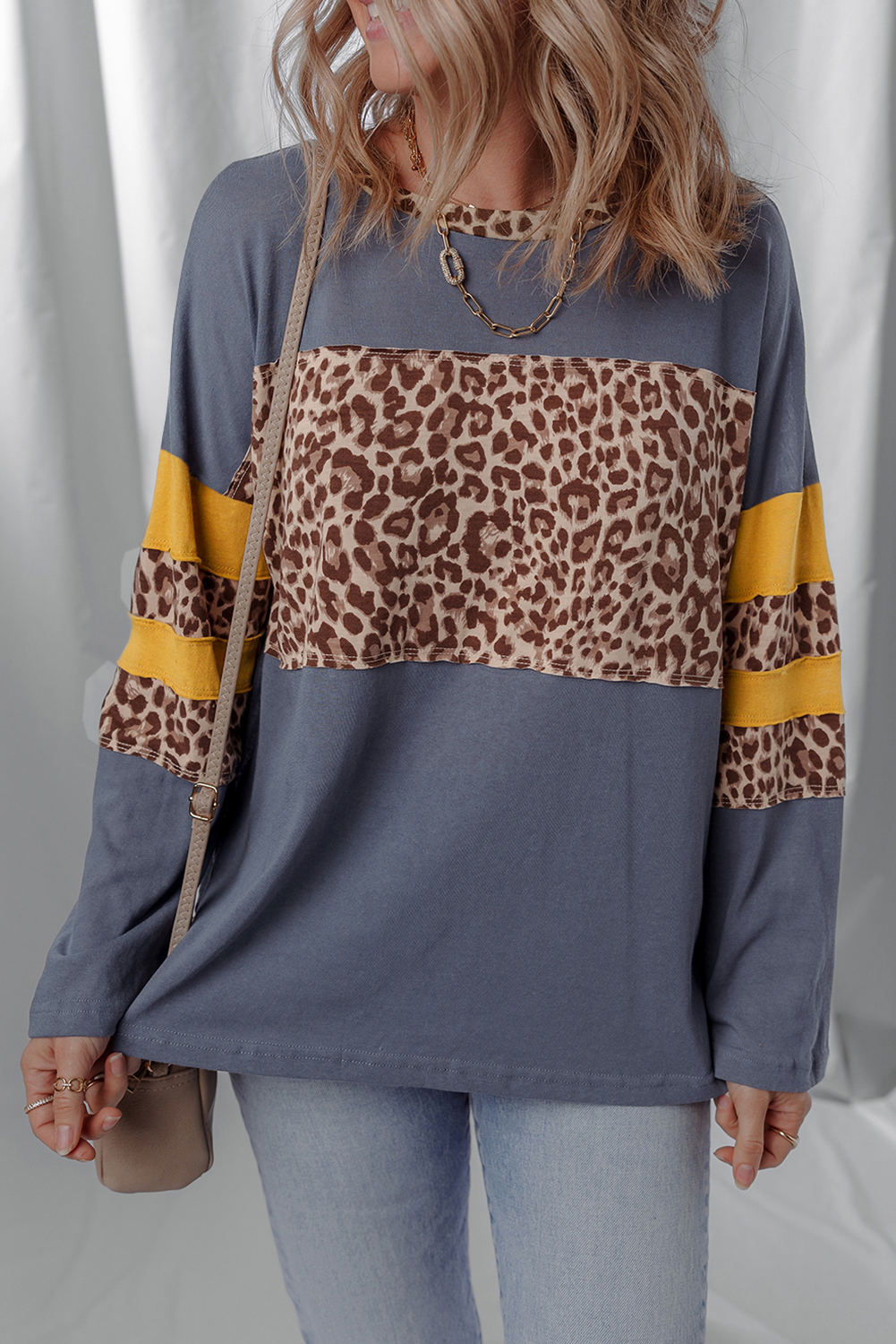 Dark Blue Leopard Colorblock Patchwork Long Sleeve Drop Shoulder Top - loveforevers