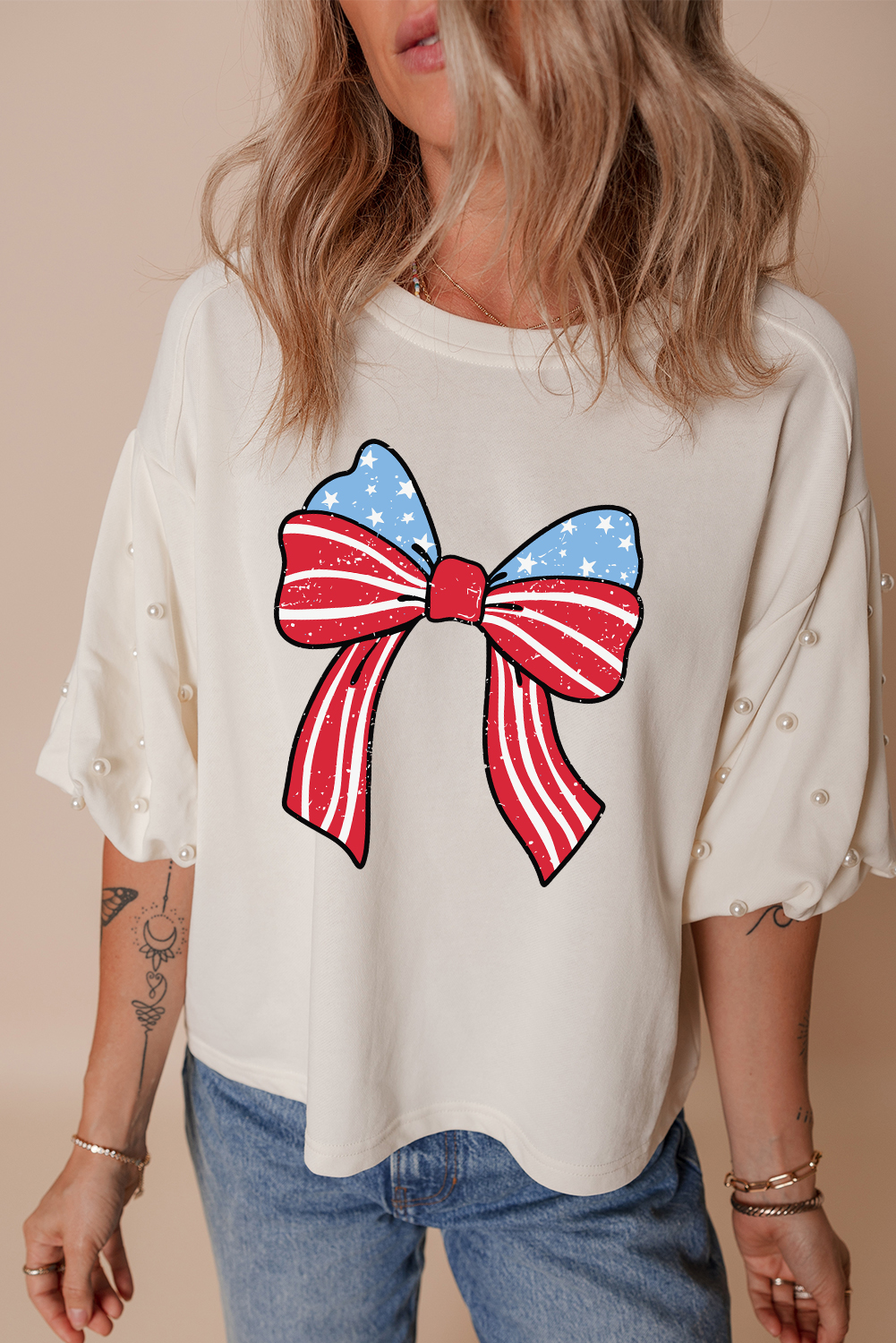 White Stars Stripes Bowknot Graphic Pearled Puff Half Sleeve T Shirt - loveforevers
