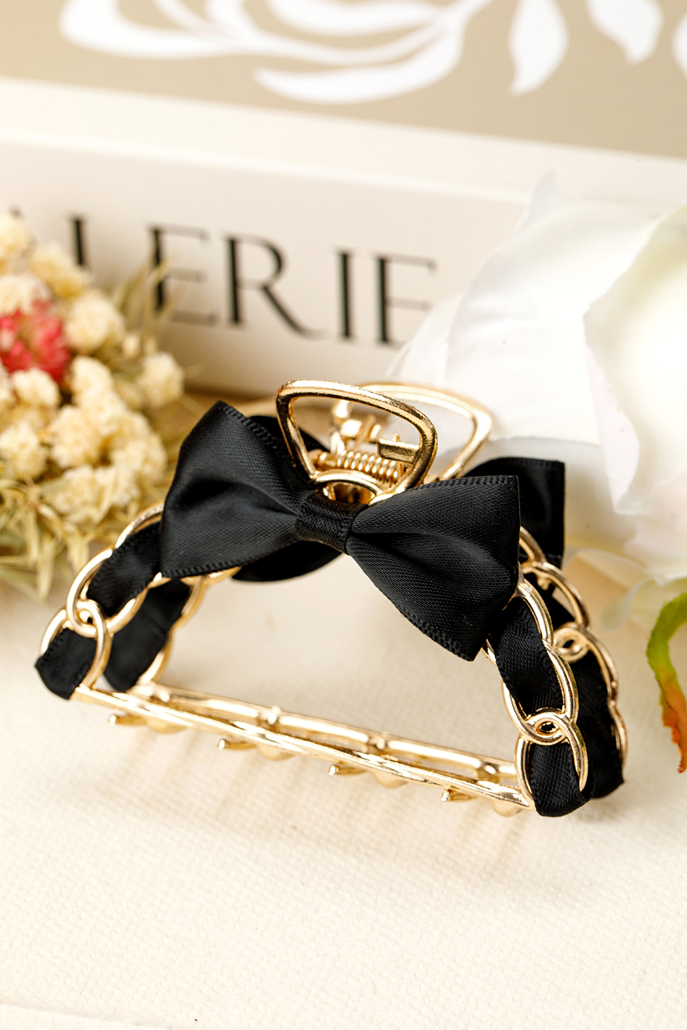 Black Ribbon Bow Detail Contrast Alloy Hair Claw Clip - loveforevers