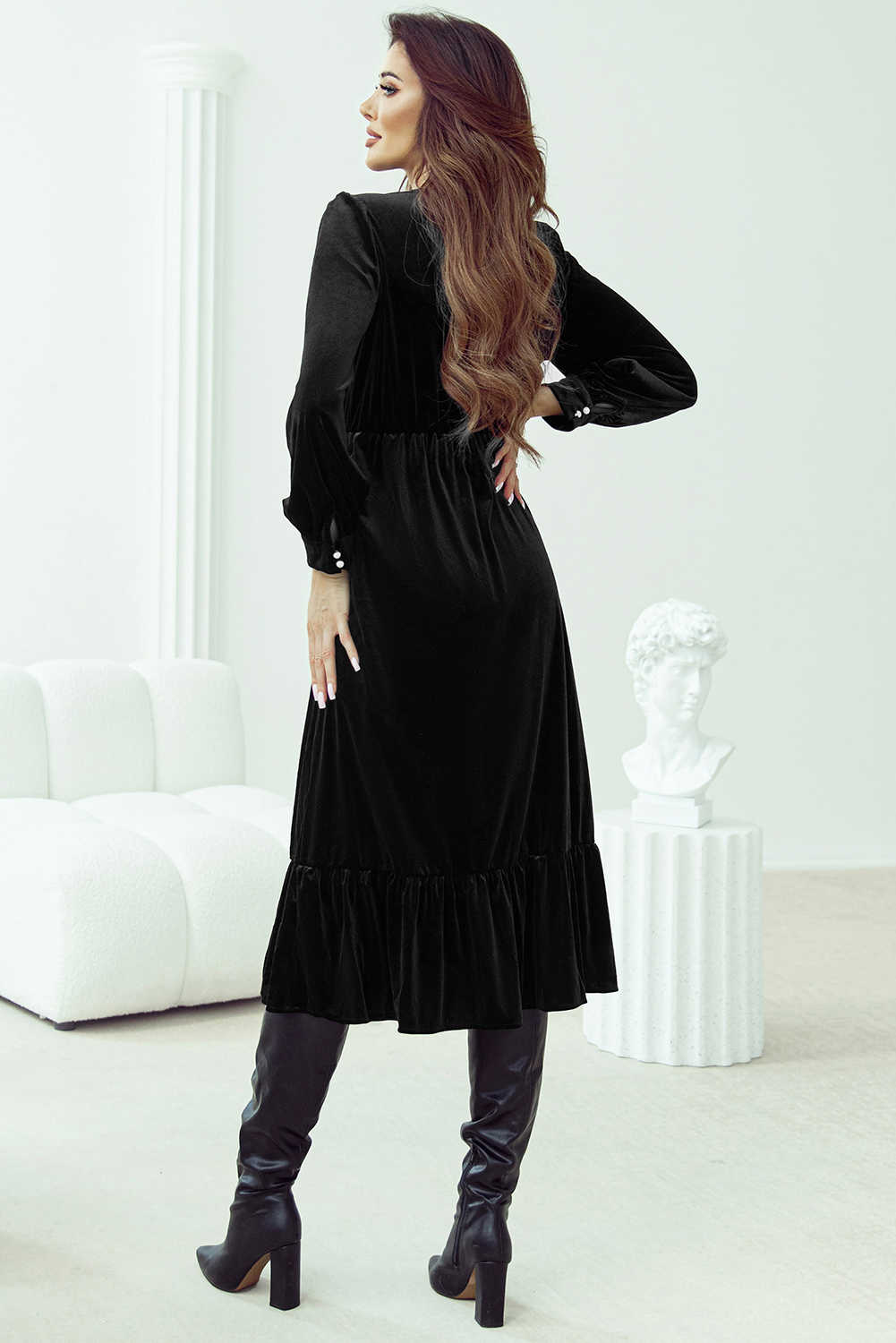 Dearlove Racing Red Velvet Buttoned Puff Sleeve V Neck Split Midi Dress - loveforevers