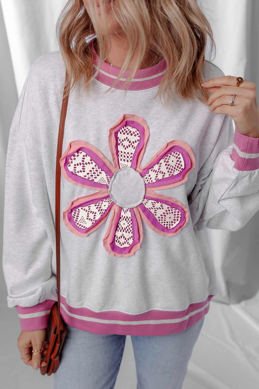 Gray Flower Patch Contrast Trim Crew Neck Sweatshirt - loveforevers