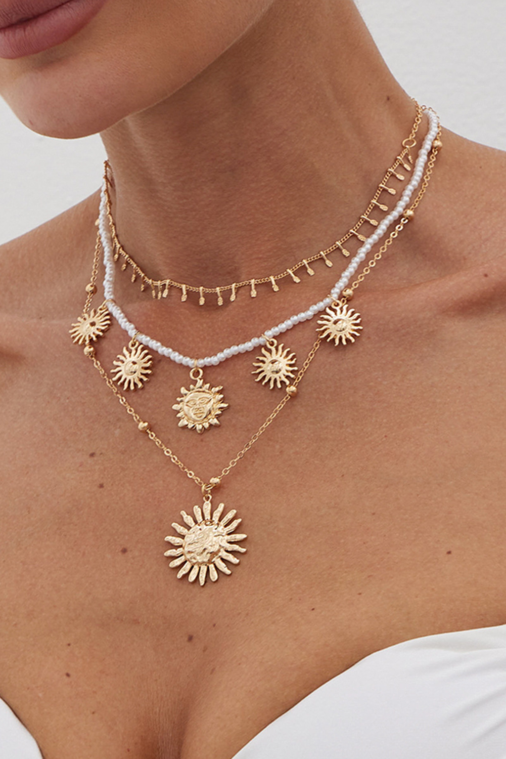 Gold Plated Alloy Pearl 3pcs Sun Goddess Necklace Set - loveforevers