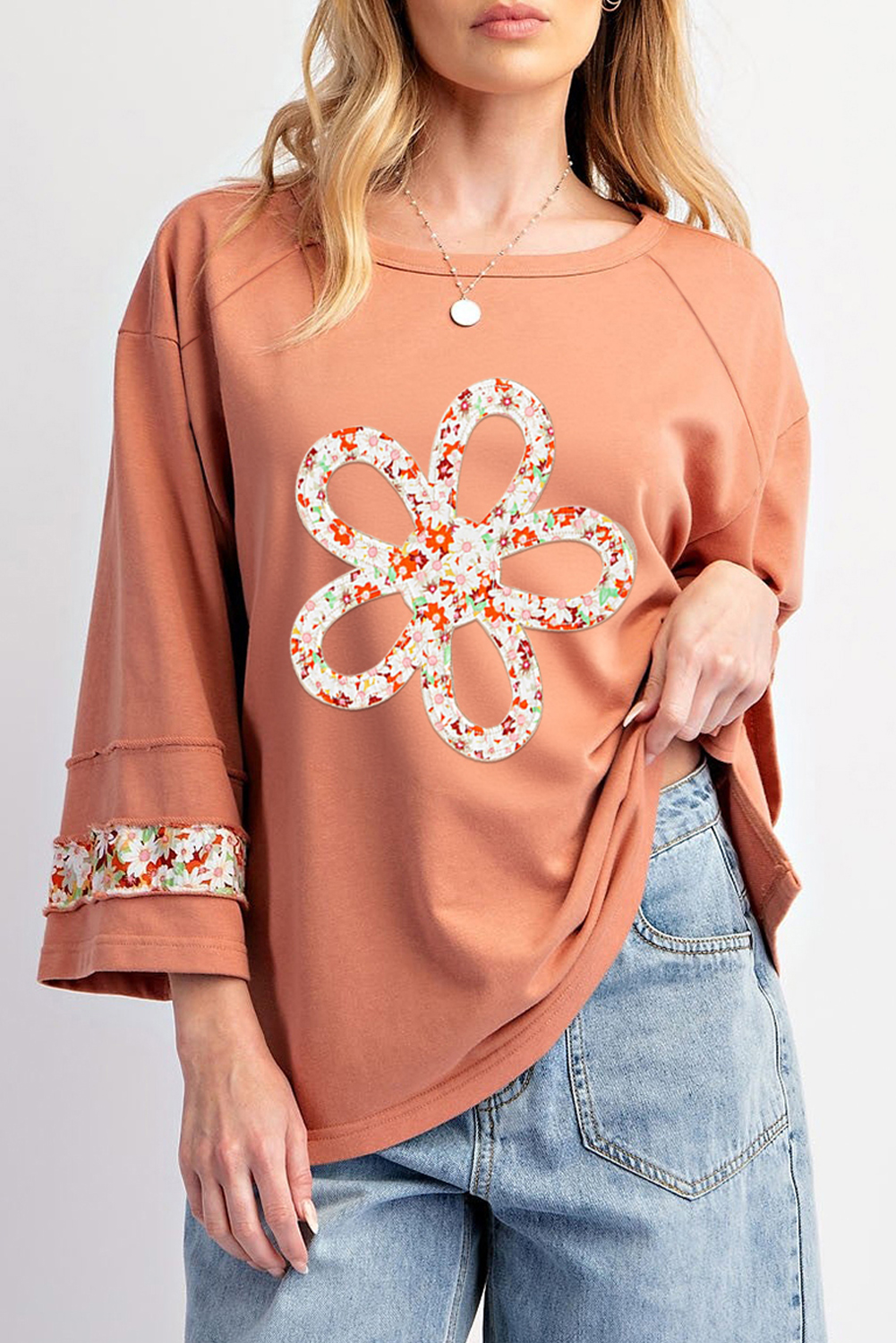 Beige Flower Patch Graphic Exposed Seam Wide Sleeve Top - loveforevers