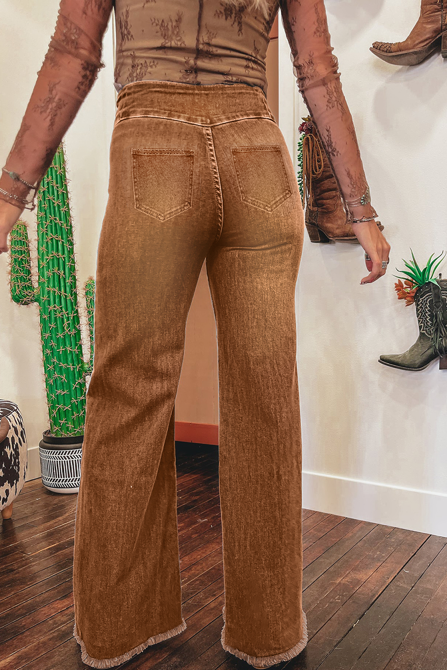 Coffee High Waist Button Fly Seamed Raw Hem Flare Jeans - loveforevers