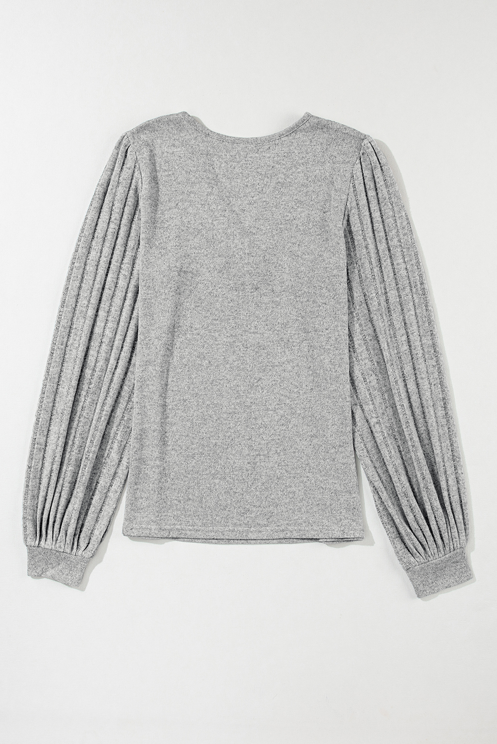 Light Grey Buttoned V Neck Ribbed Puff Sleeve Top - loveforevers