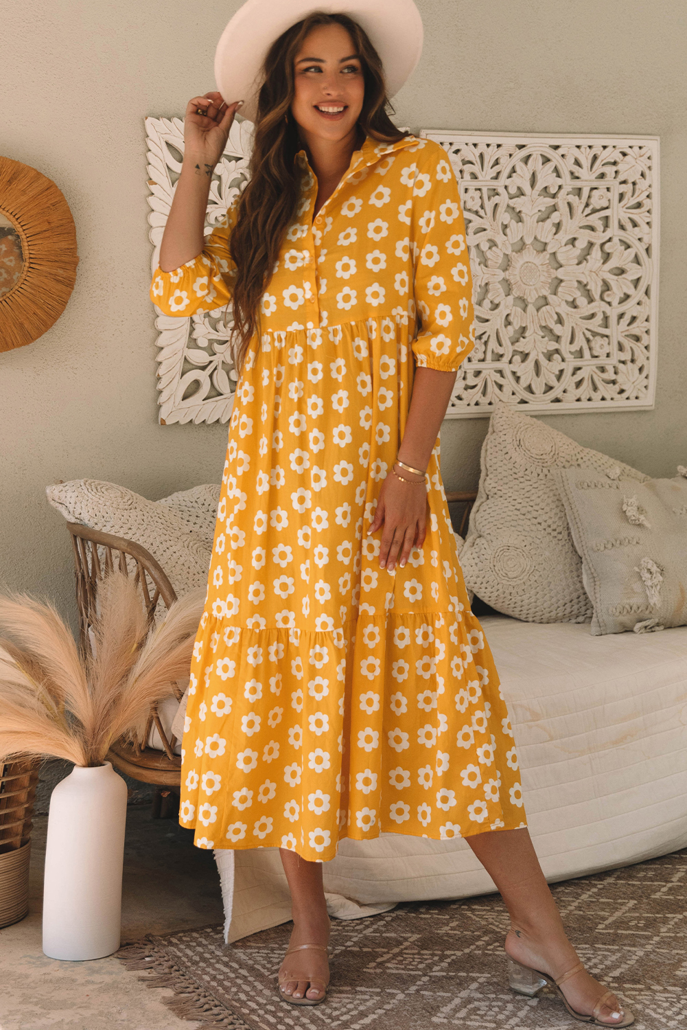 Yellow Flower Print Bracelet Sleeve Buttons Collared Maxi Dress - loveforevers