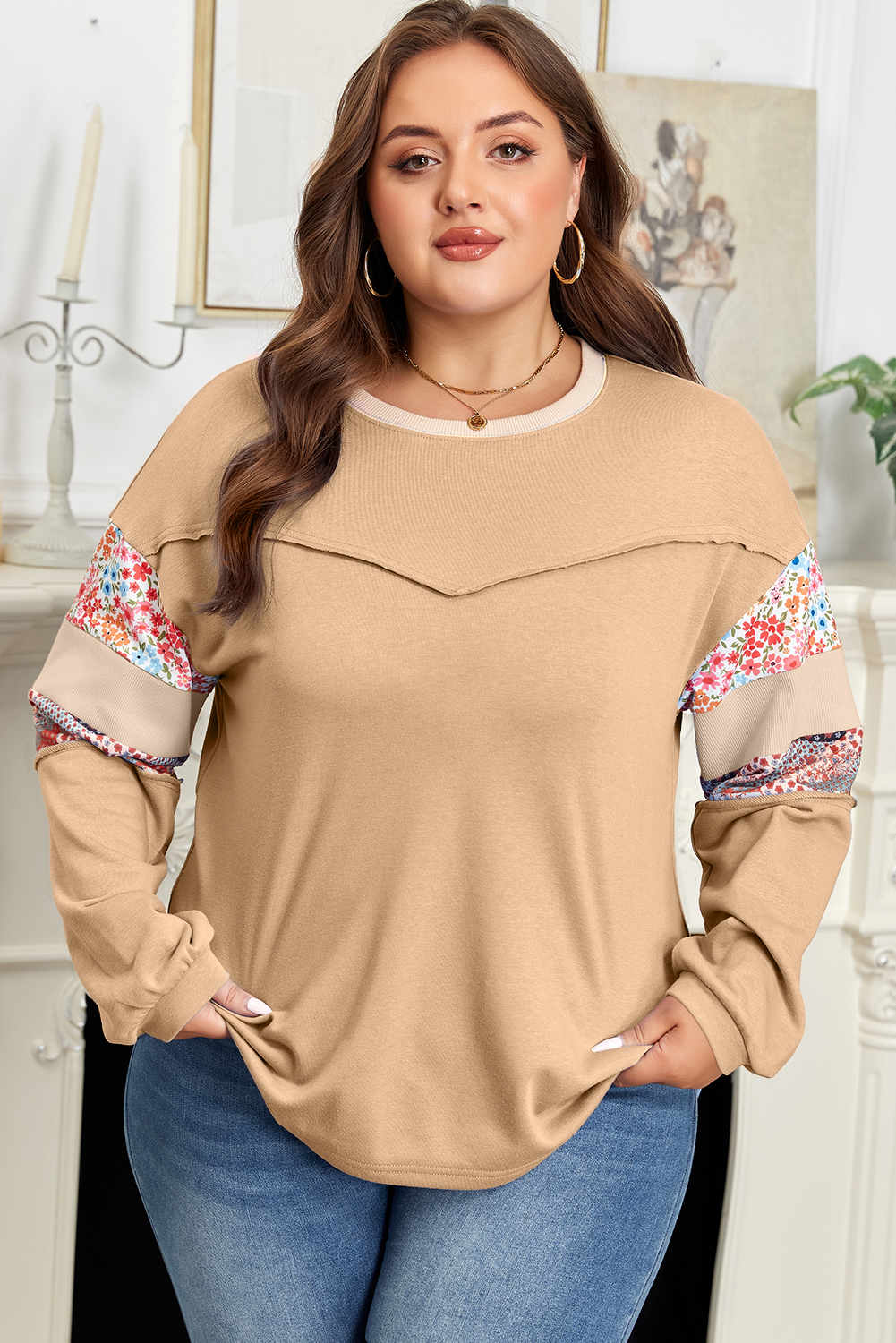 Khaki Exposed Seam Floral Mixed Patchwork Relaxed Plus Size Top - loveforevers