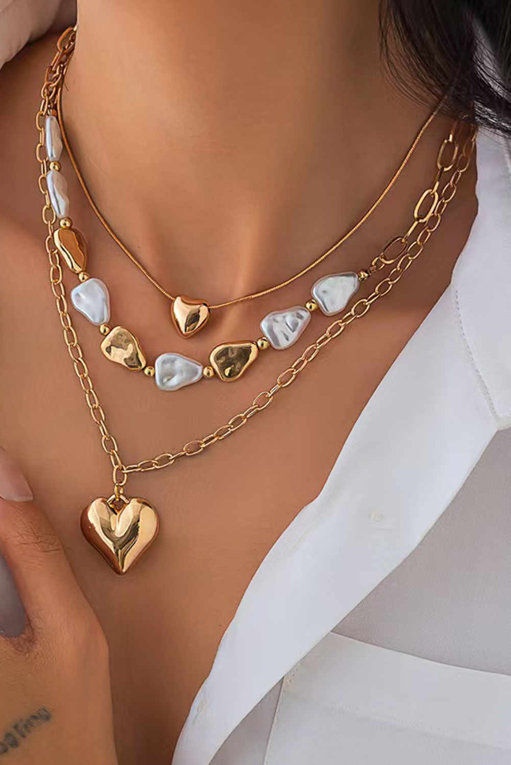 Gold Plated Layered Heart Pendant Irregular Pearl Layered Necklace - loveforevers
