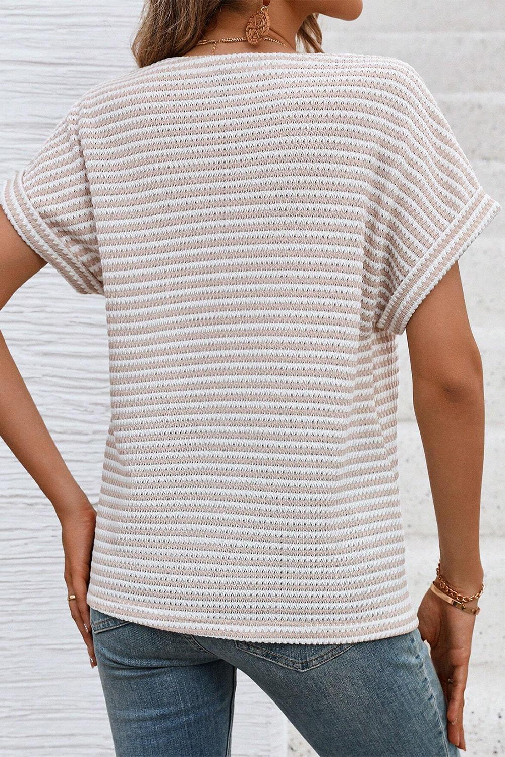 Khaki Stripe Buttoned Front V Neck Knitted T Shirt - loveforevers