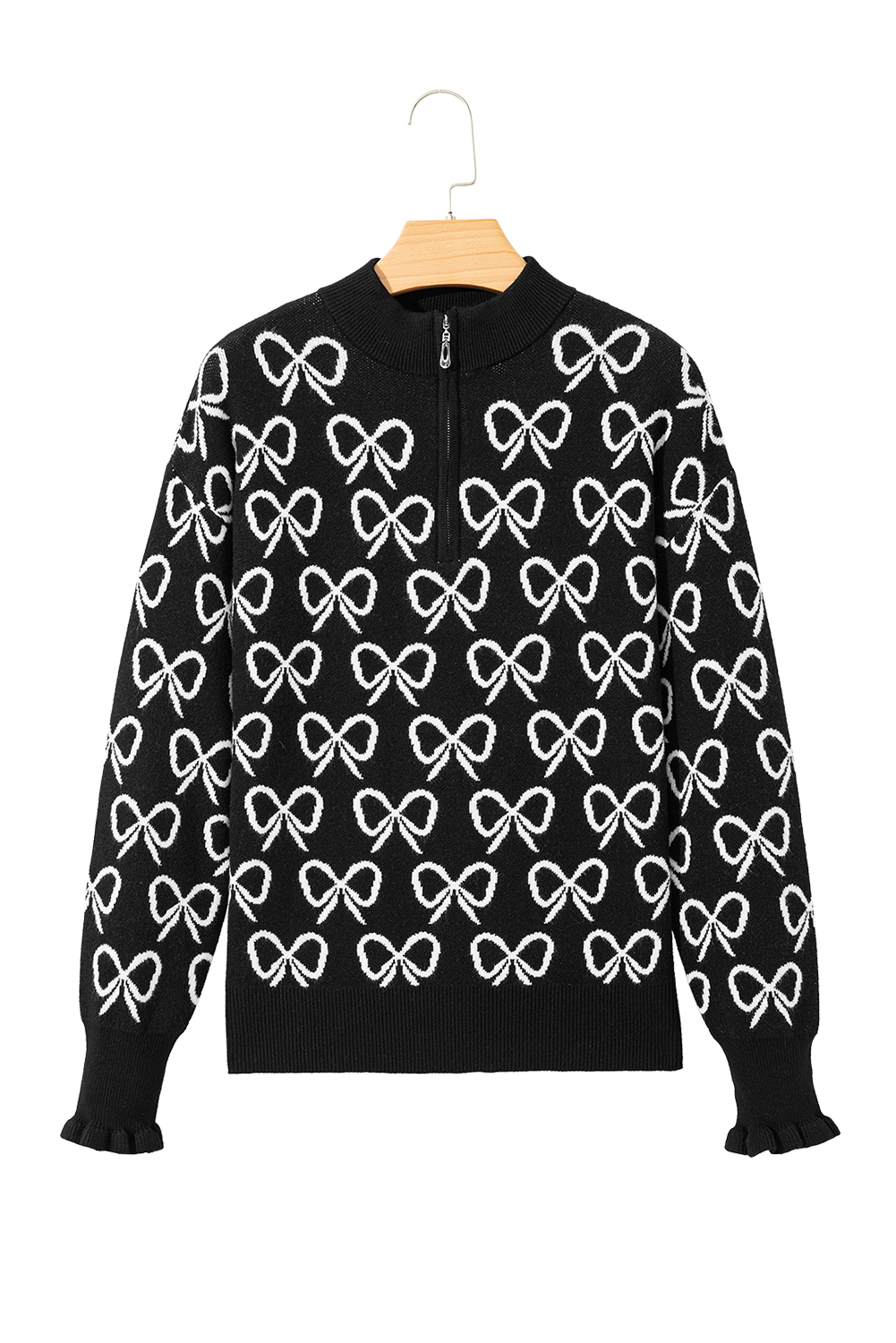 Black Cute Bow Pattern Drop Shoulder Zipped Collar Sweater - loveforevers