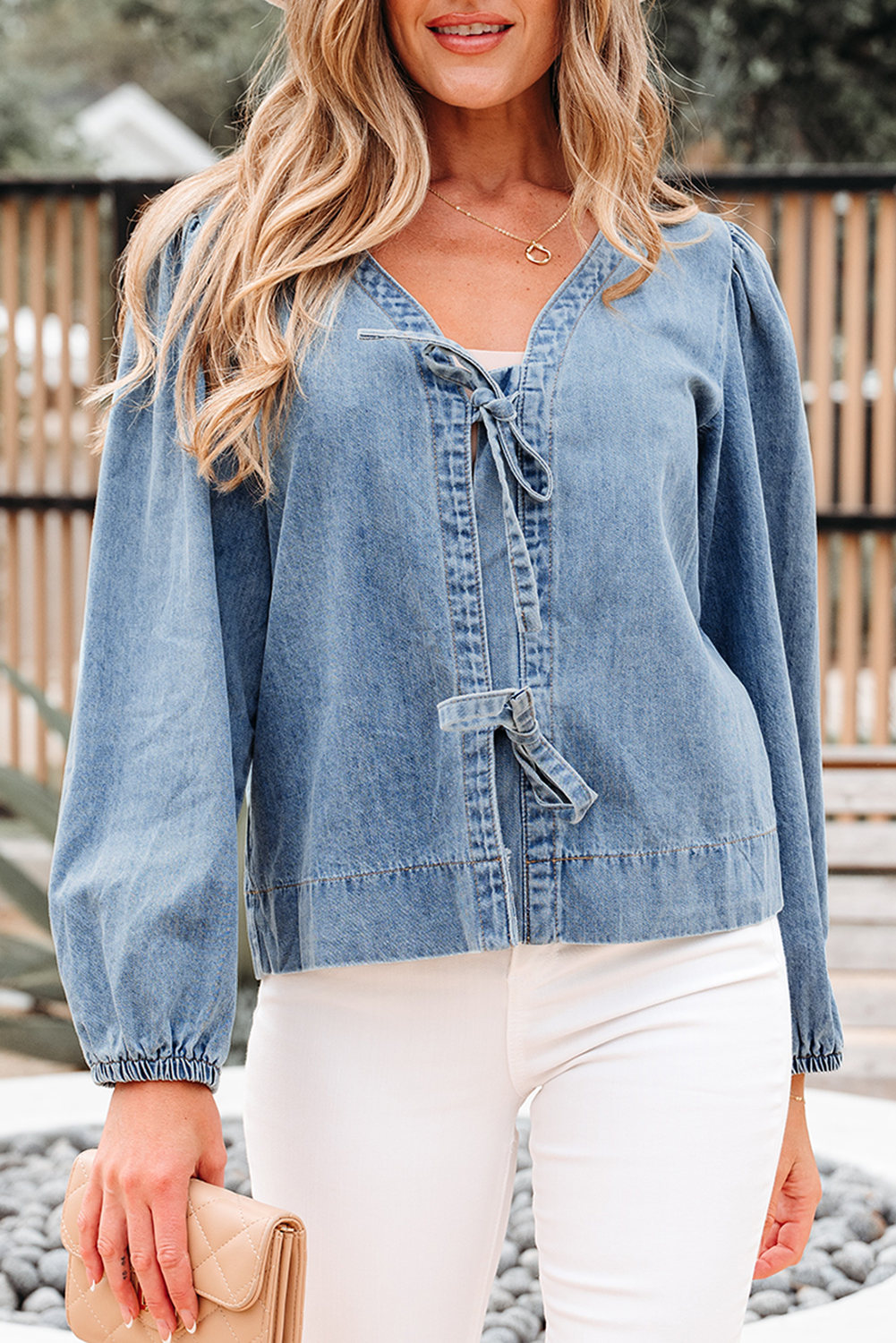 Dusk Blue Tied Front Long Puff Sleeve Denim Top - loveforevers