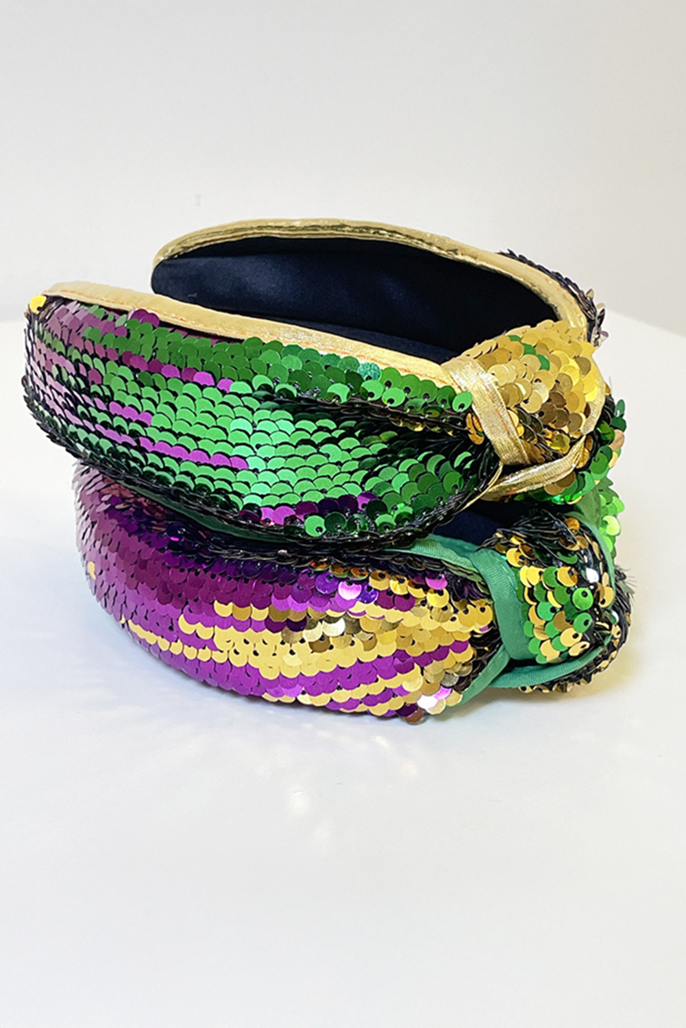 Gold Mardi Gras Sequined Knotted Wide Headband (Sequins Randomly Placed) - loveforevers