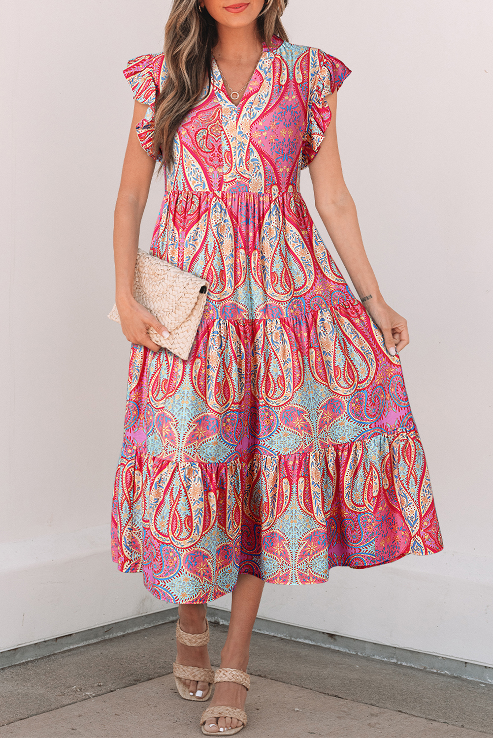 Rose Tribal Paisley Print Ruffled Sleeve Notch Neck Midi Dress - loveforevers