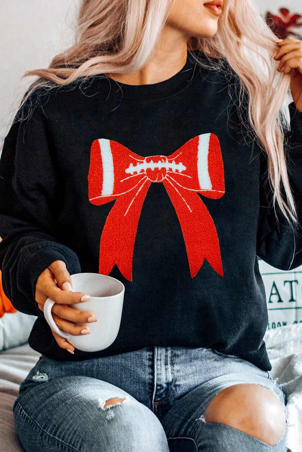 Black Game Day Chenille Bow Patched Drop Shoulder Sweatshirt - loveforevers