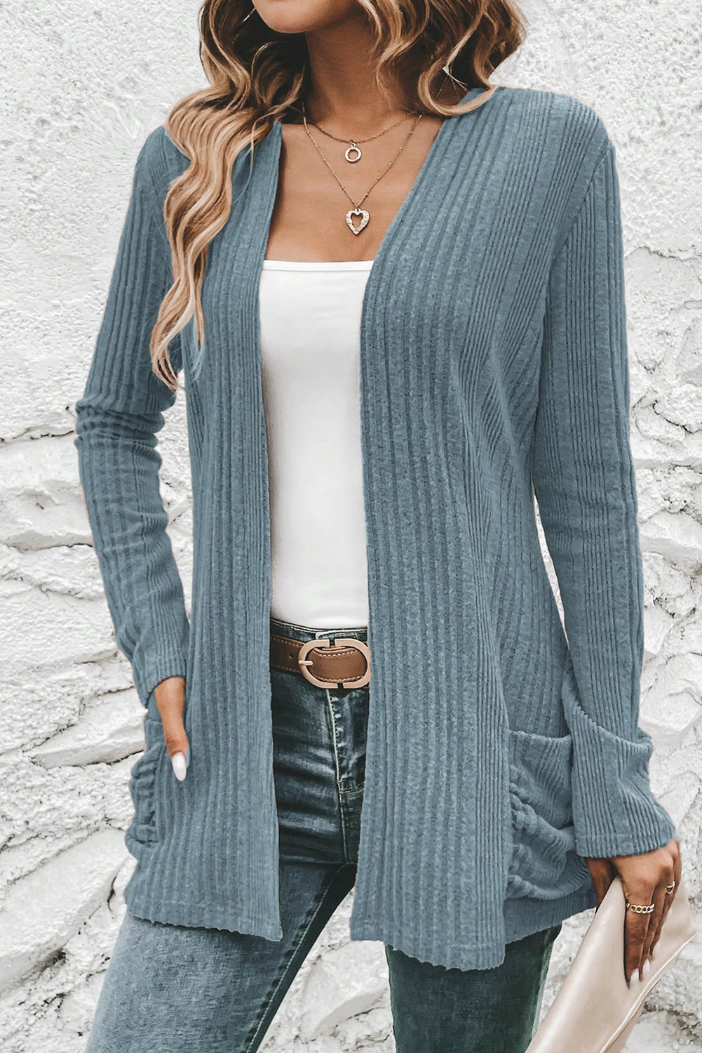 Stone Blue Ribbed Open Front Knitted Top with Pockets - loveforevers