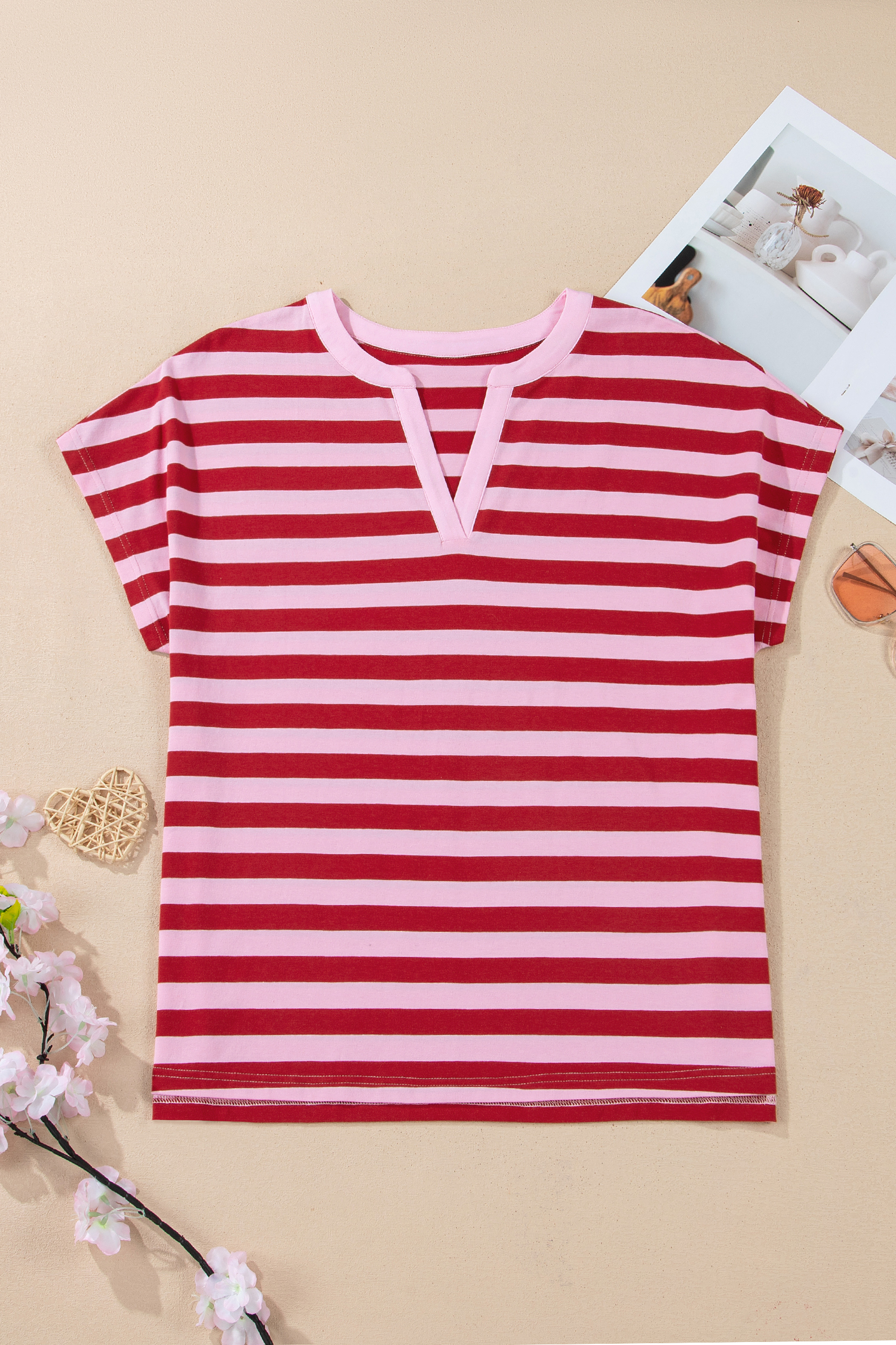 Pink Stripe Split V Neck Casual T Shirt - loveforevers