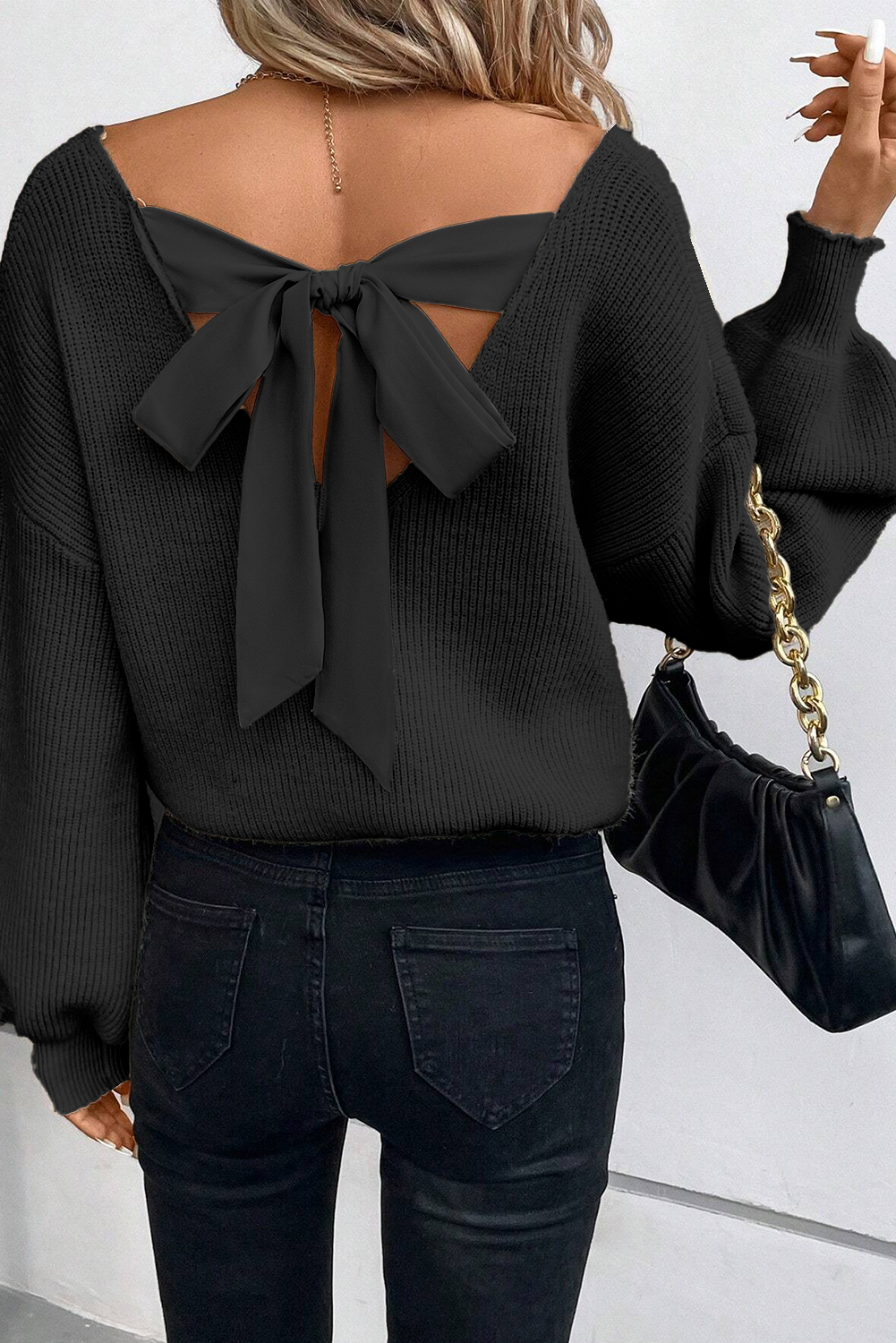 Racing Red Lantern Sleeve V Neck Knot Back Sweater - loveforevers