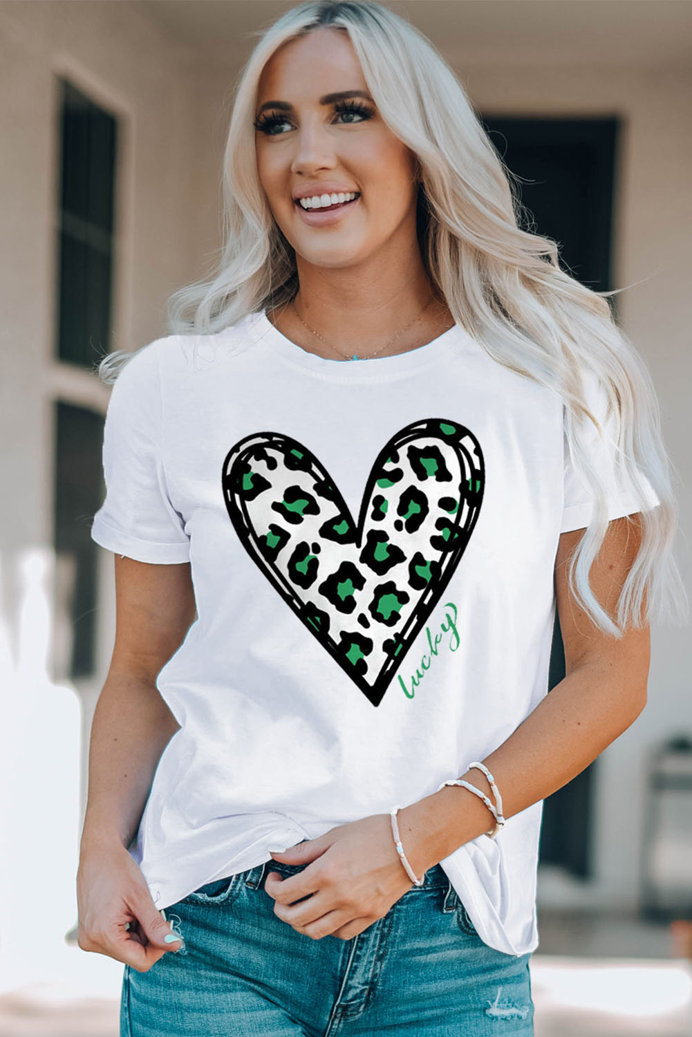 White Lucky Leopard Heart Print St Patricks Day T Shirt - loveforevers