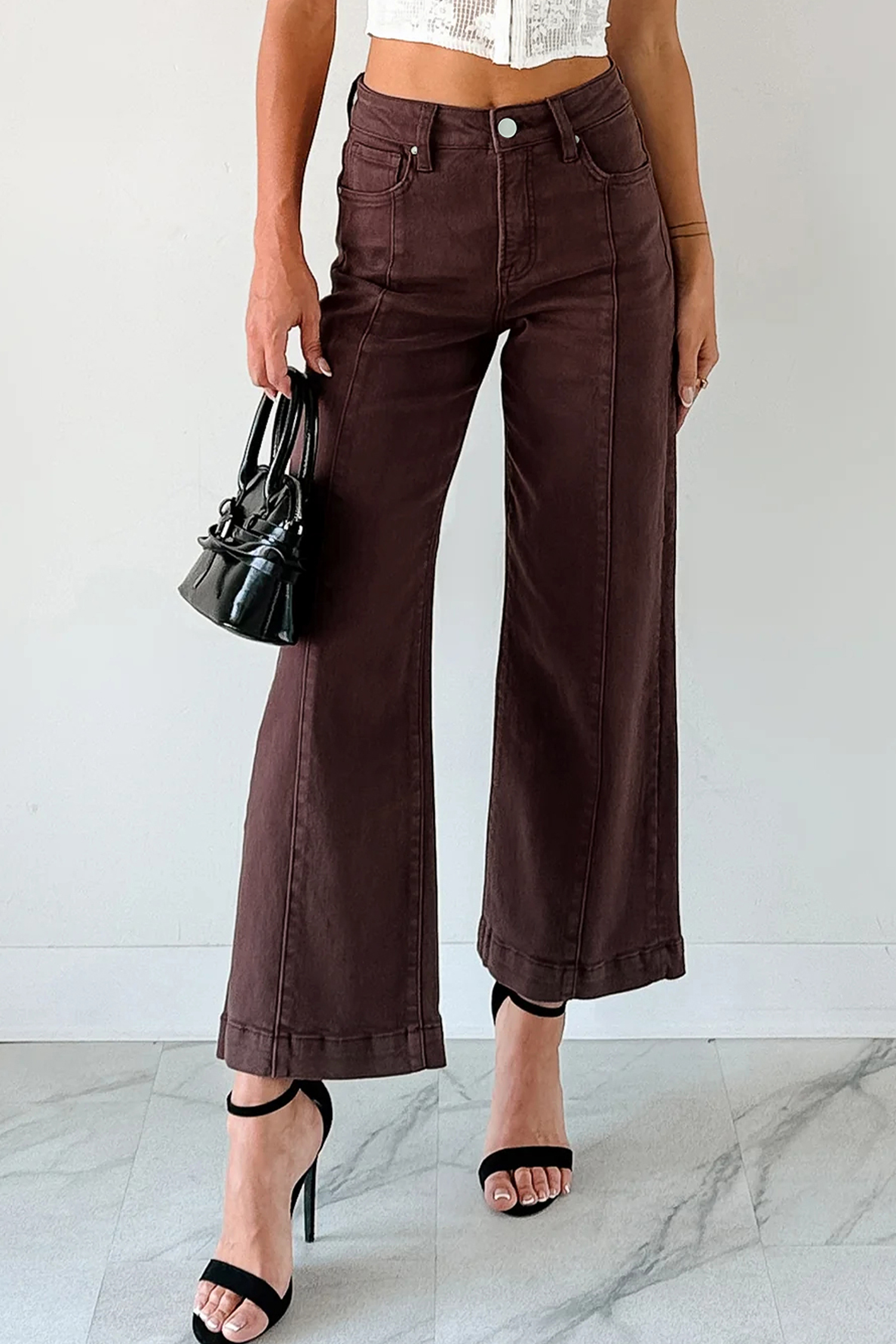 Apricot Solid Color Seamed Center Wide Leg Cropped Jeans - loveforevers