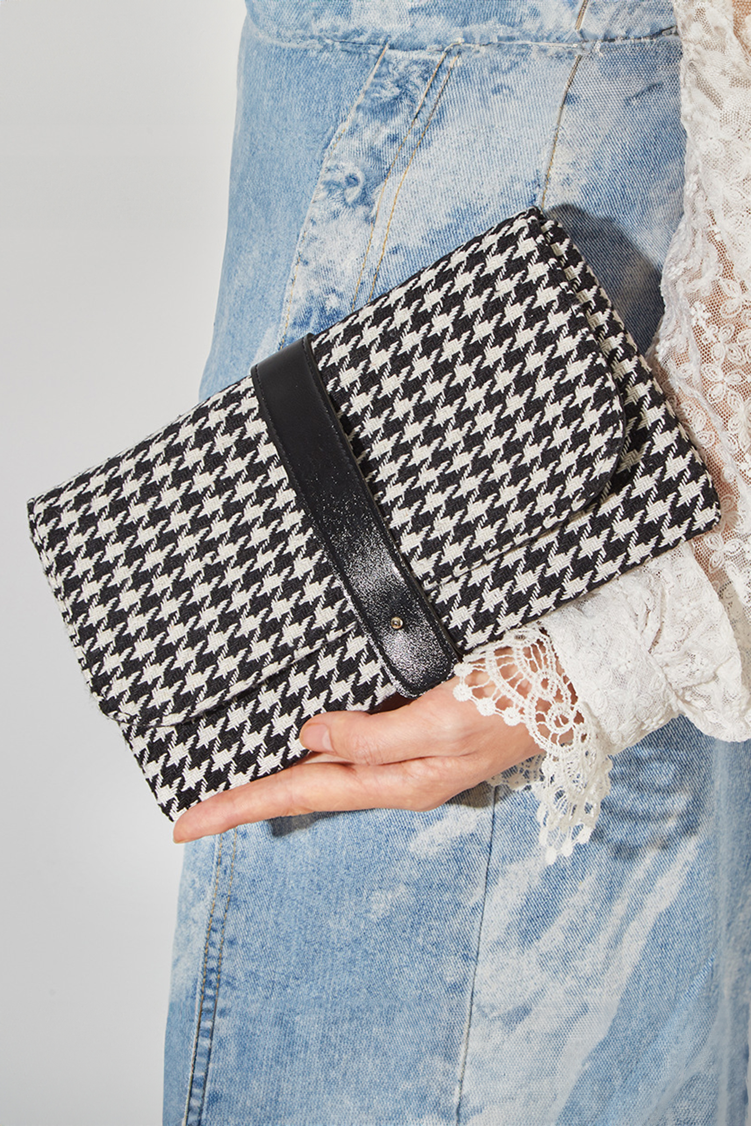 Black Houndstooth Print PU Leather Tab Patchwork Wallet Clutch Bag - loveforevers