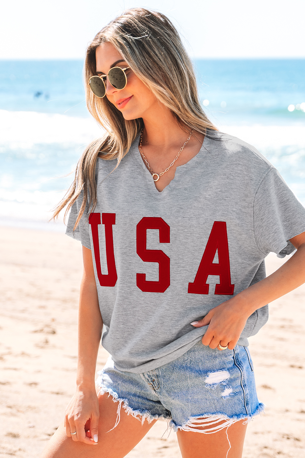 Light Grey USA Lettering Patch Notched Neck Loose Tee - loveforevers