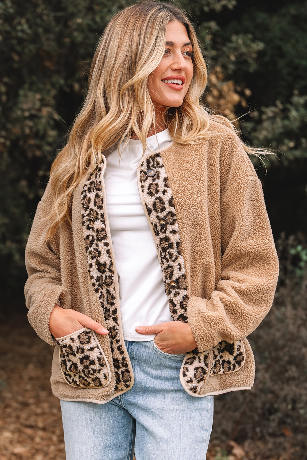 Casual Leopard Print Accent Plush Jacket with Pockets - loveforevers