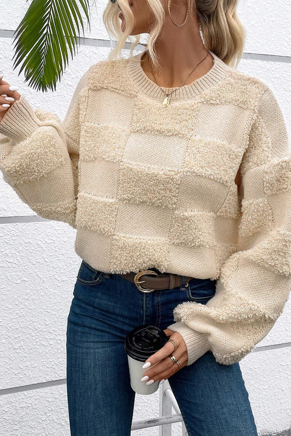 Parchment Checkered Sherpa Crew Neck Loose Sweater - loveforevers