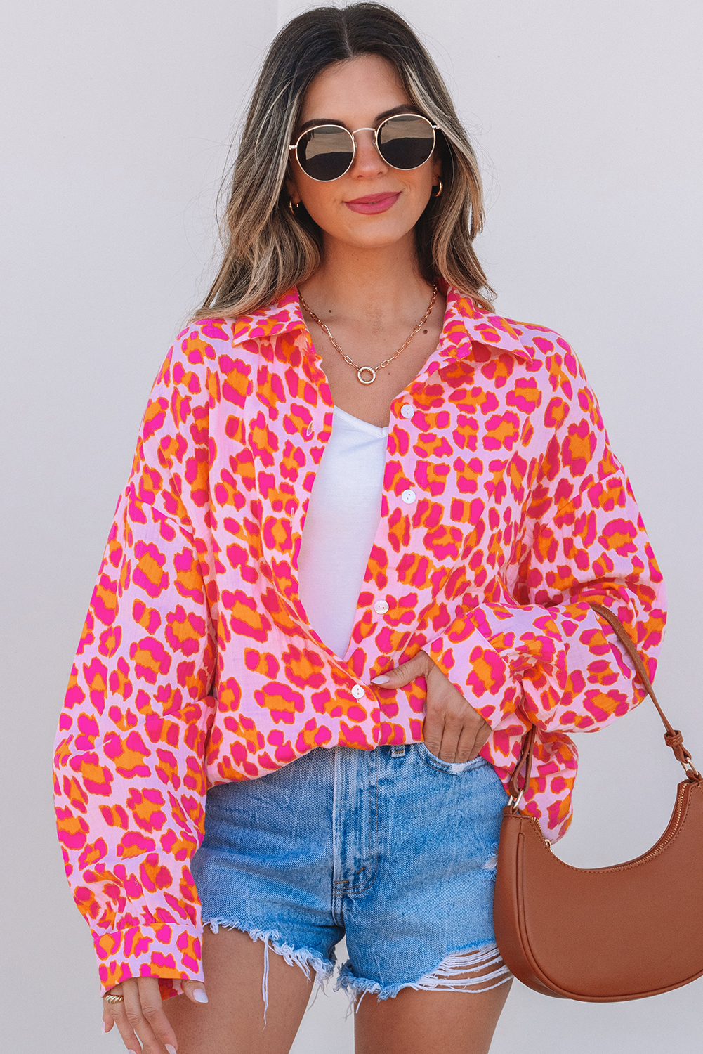 Rose Leopard Printed Button Up Loose Shirt - loveforevers