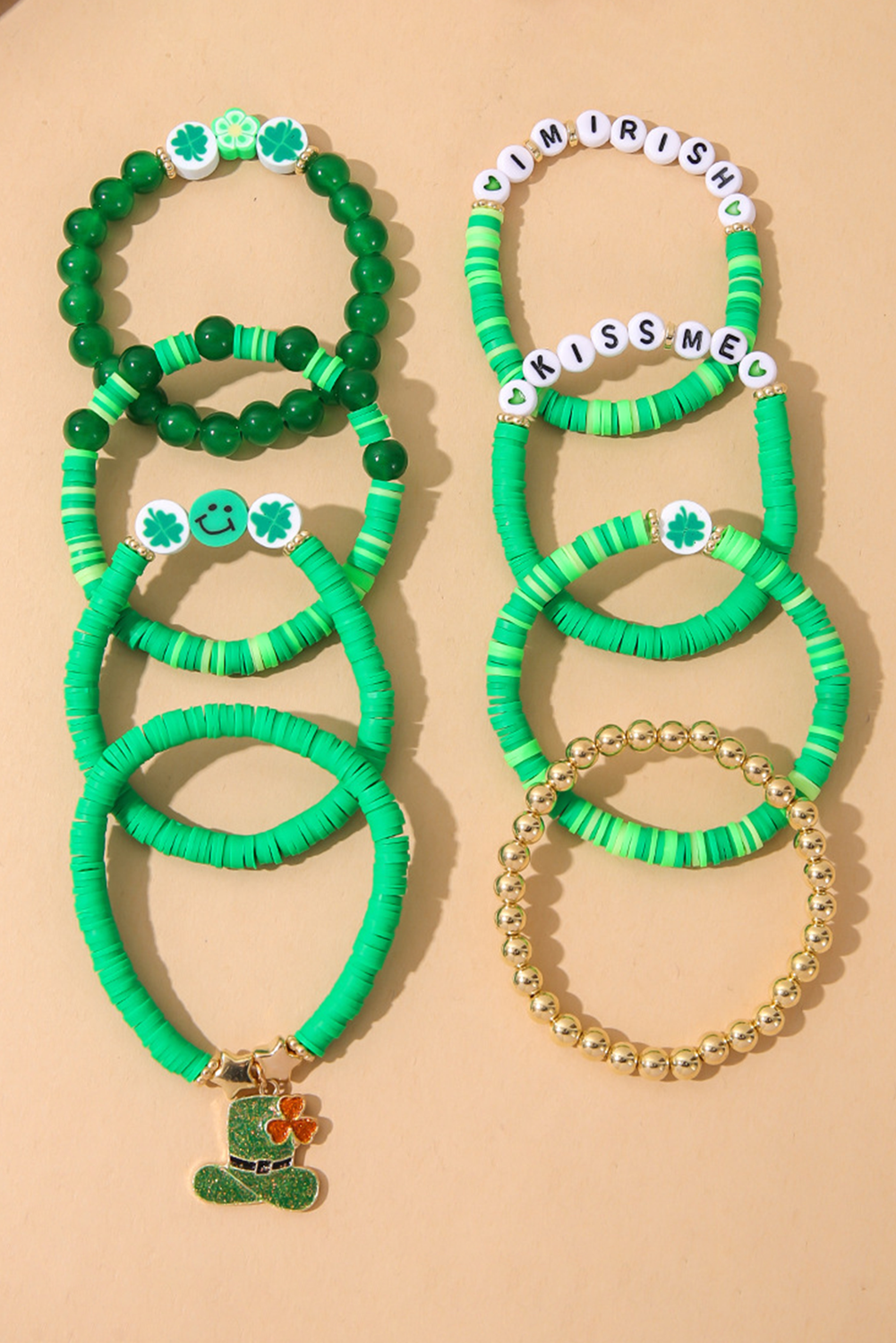Green St Patricks Shamrock Letter Beaded Multi Layer Bracelet Set - loveforevers