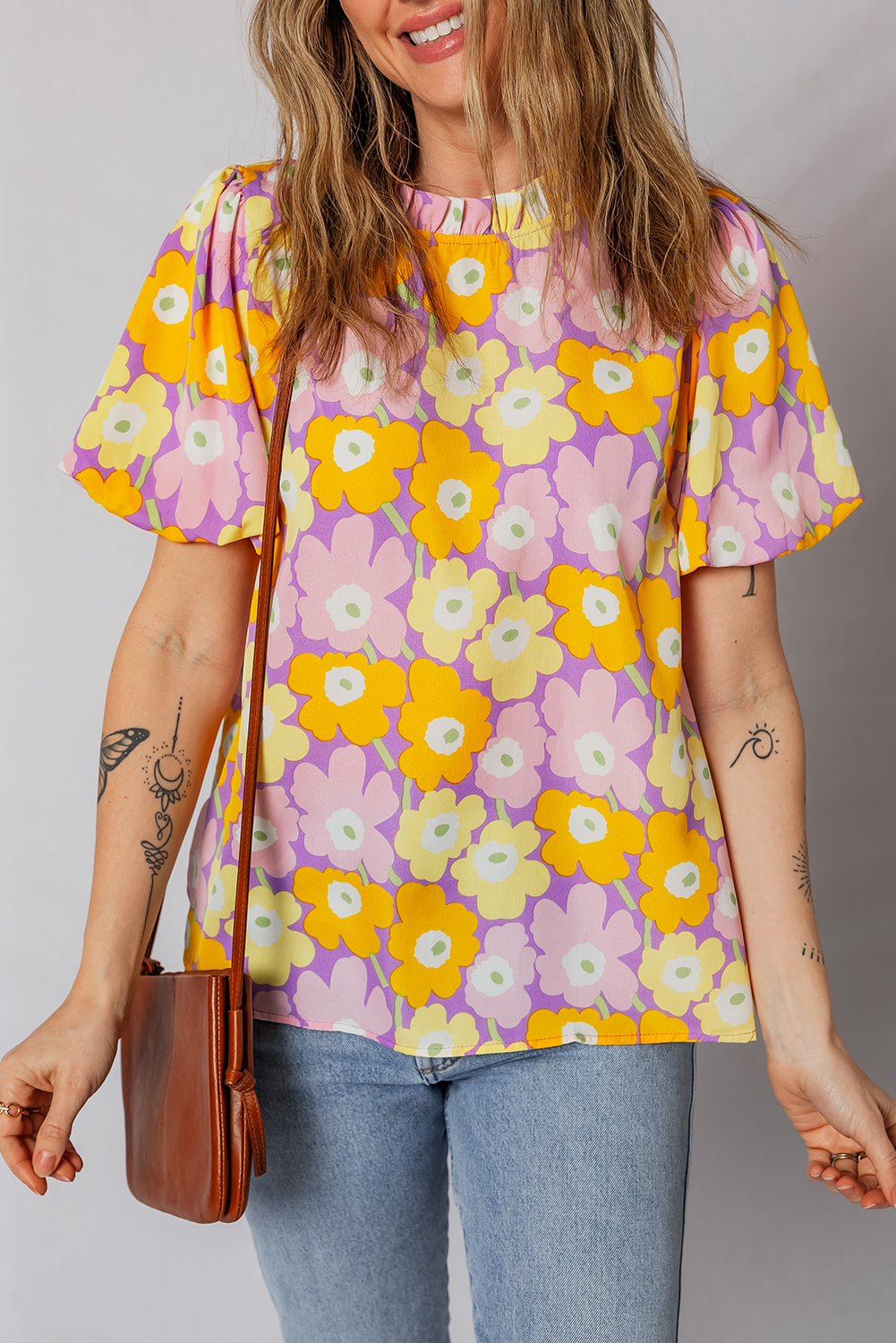Purple Frilled Neck Puff Short Sleeve Flower Top - loveforevers