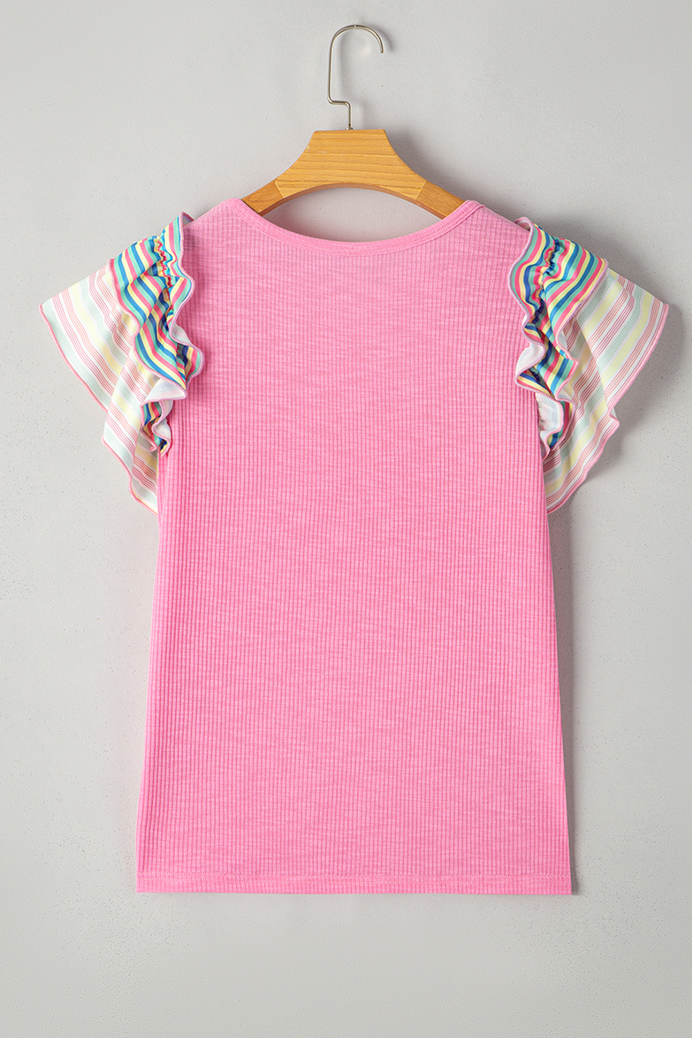 Bonbon Striped Ruffle Flutter Sleeve Ribbed Blouse - loveforevers