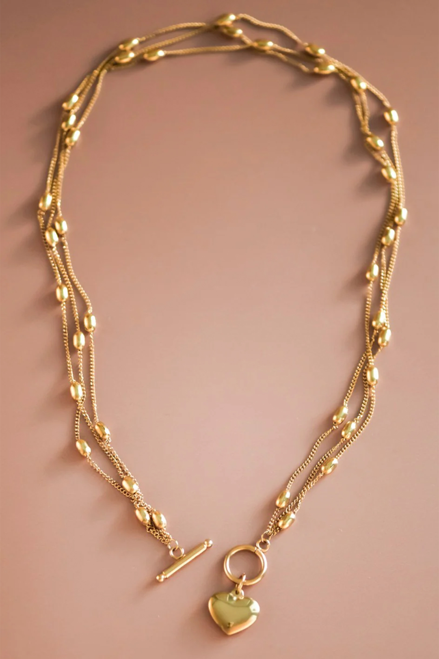 Gold Heart Toggle Charm Beaded Chain Triple Layered Necklace - loveforevers