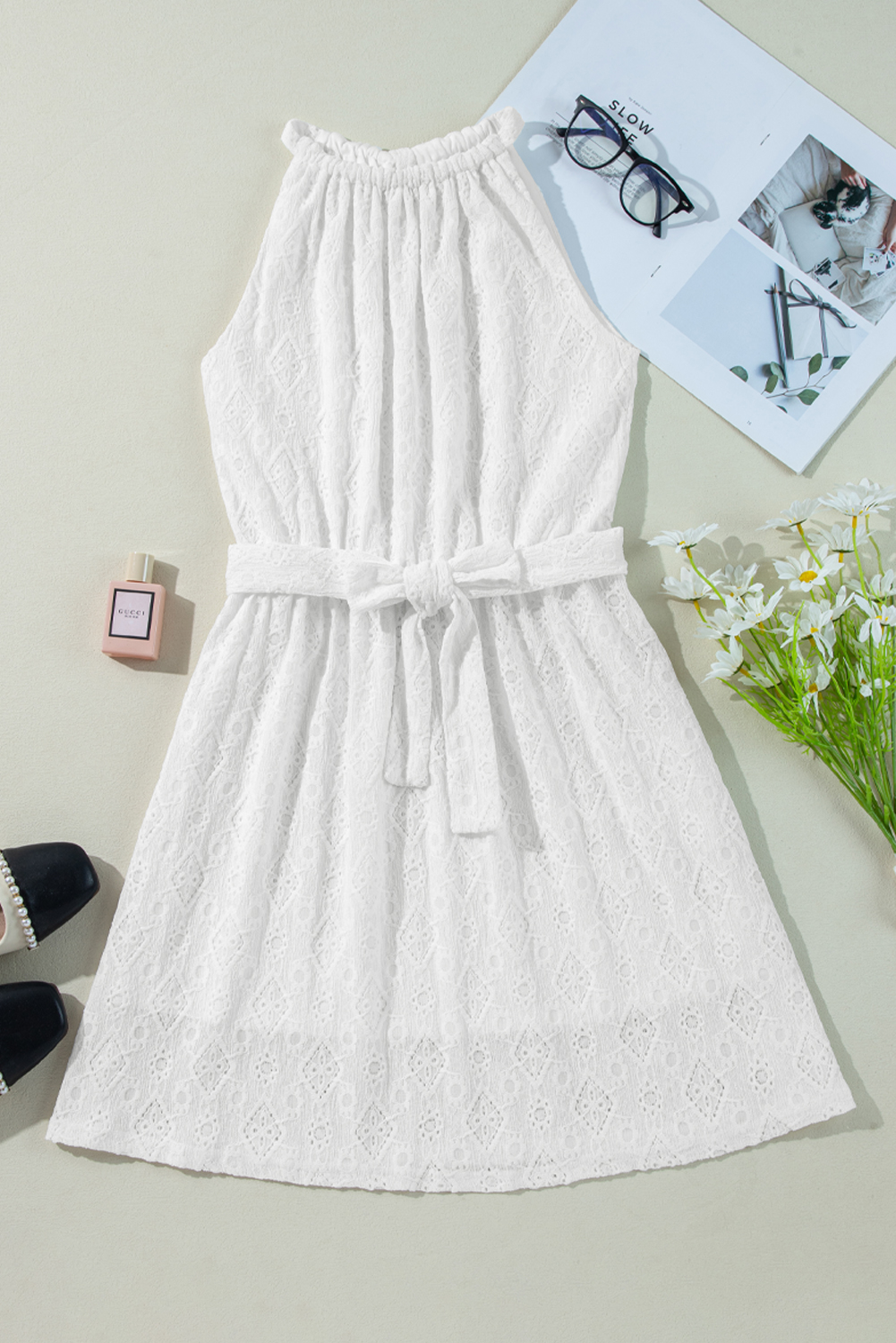 White Lace Sleeveless Knot Hollow Out Back Tied Waist Mini Dress - loveforevers