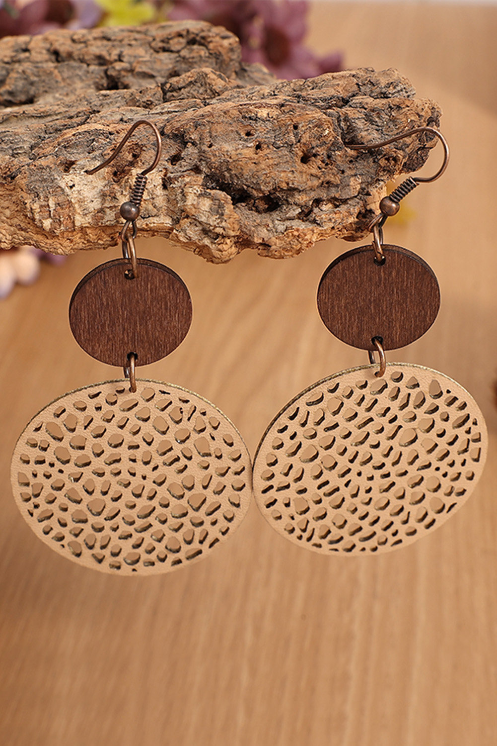 Khaki Hollow Out Wooden Round Drop Earrings - loveforevers