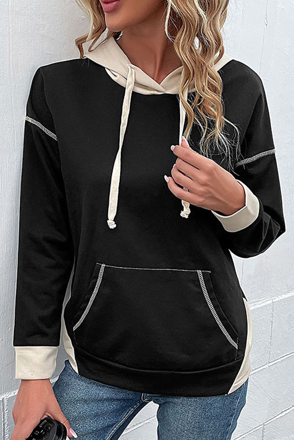 Black Contrast Seam Color Block Hooded Sweatshirt - loveforevers