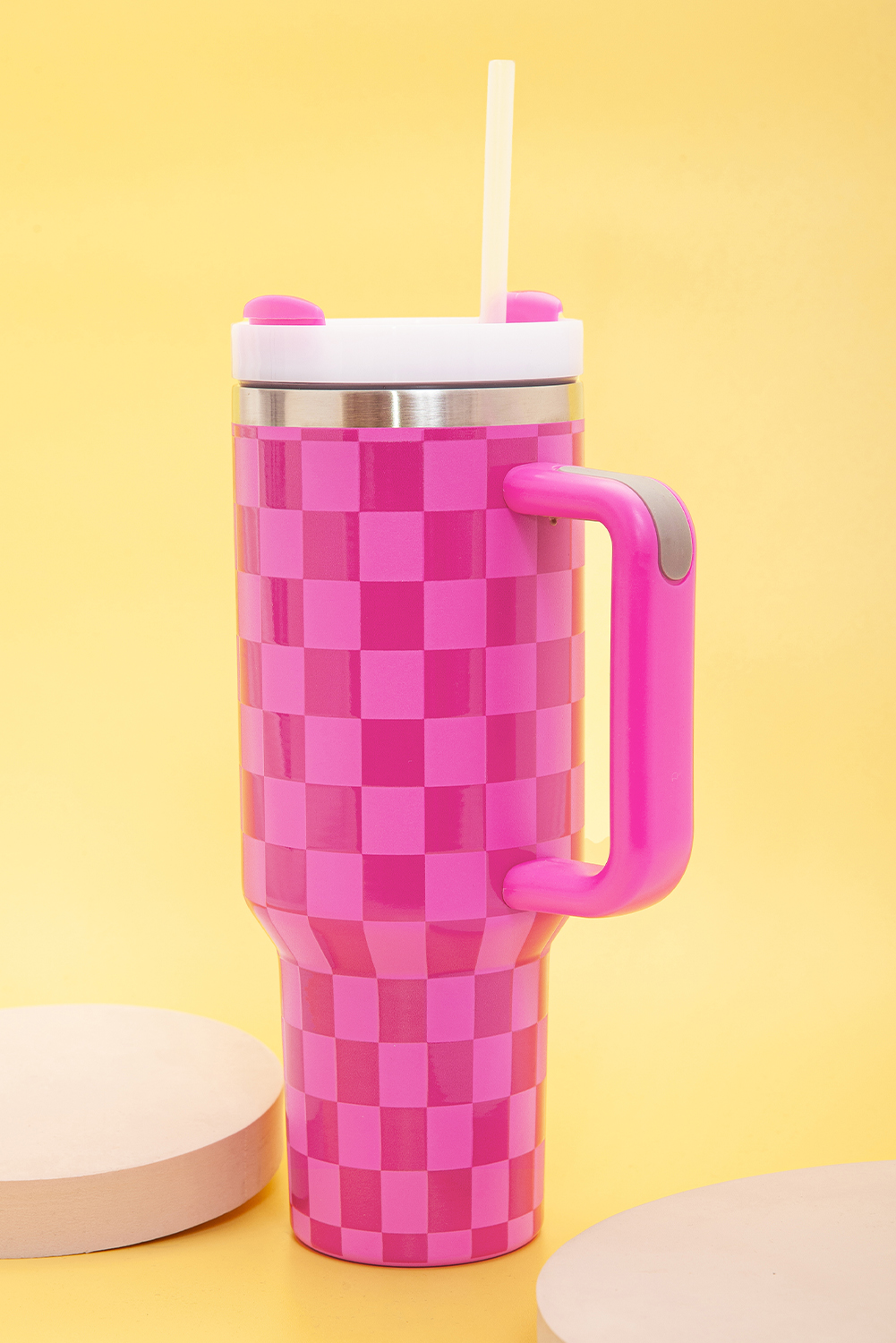 Bright Pink Checkered Print Handled Stainless Steel Tumbler Cup 40oz - loveforevers