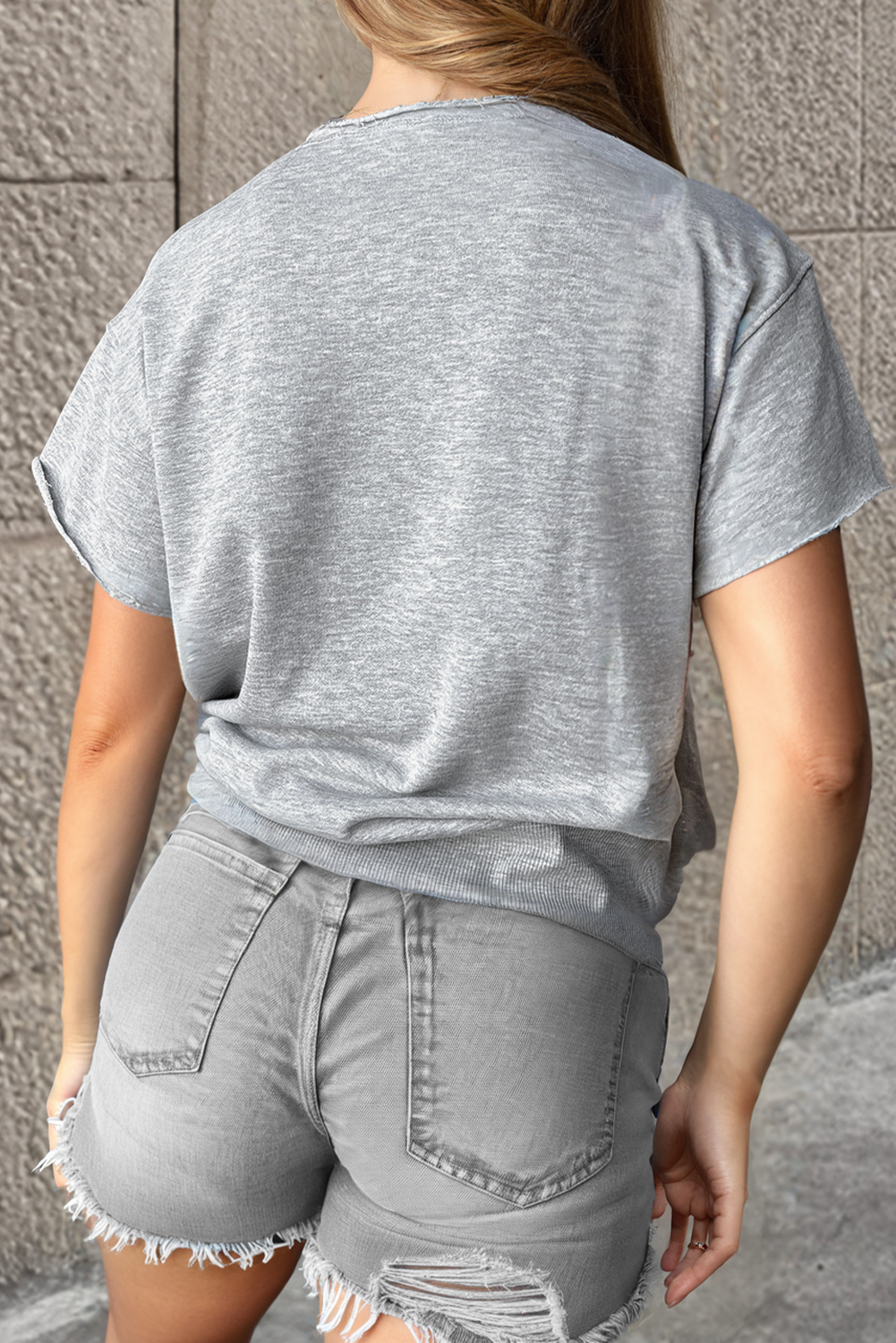 Light Grey USA Lettering Patch Notched Neck Loose Tee - loveforevers