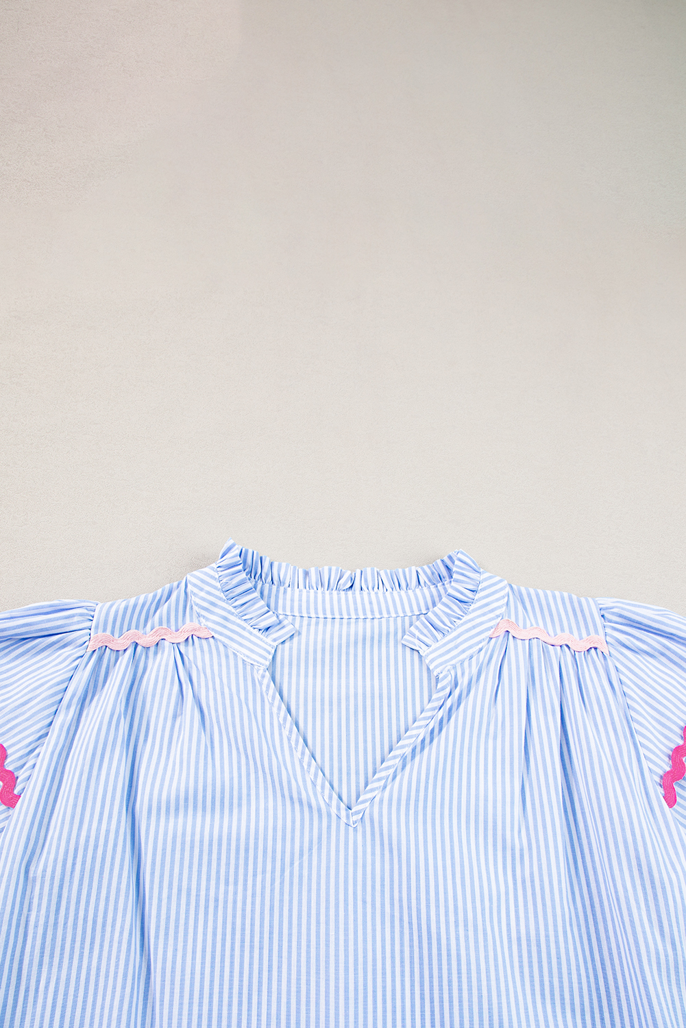 Sky Blue Stripe Ricrac Trim Split Neck Striped Ruffled Sleeve Blouse - loveforevers
